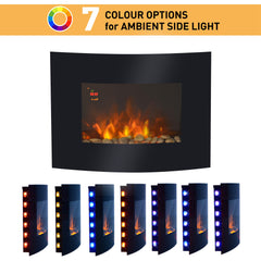 Fynco - Led Wall Mounted Fireplace Curved Glass Electric Fire Place Fire Place 7 Colour Side Lights Slimline, 900/1800W, 65cm x 52cm