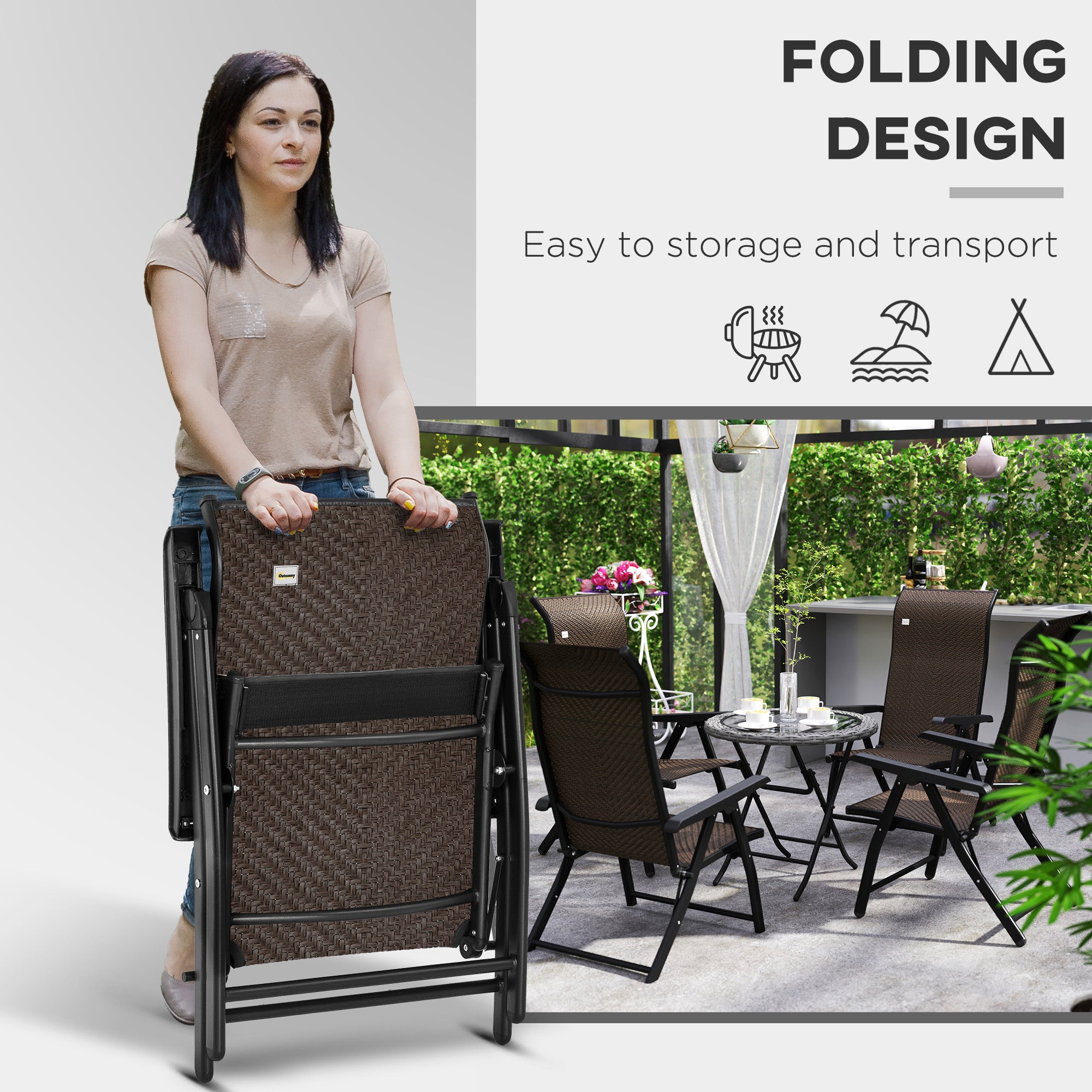 Set of Four Folding Garden Chairs, with Seven-Position Adjustable Backs, Dark Brown