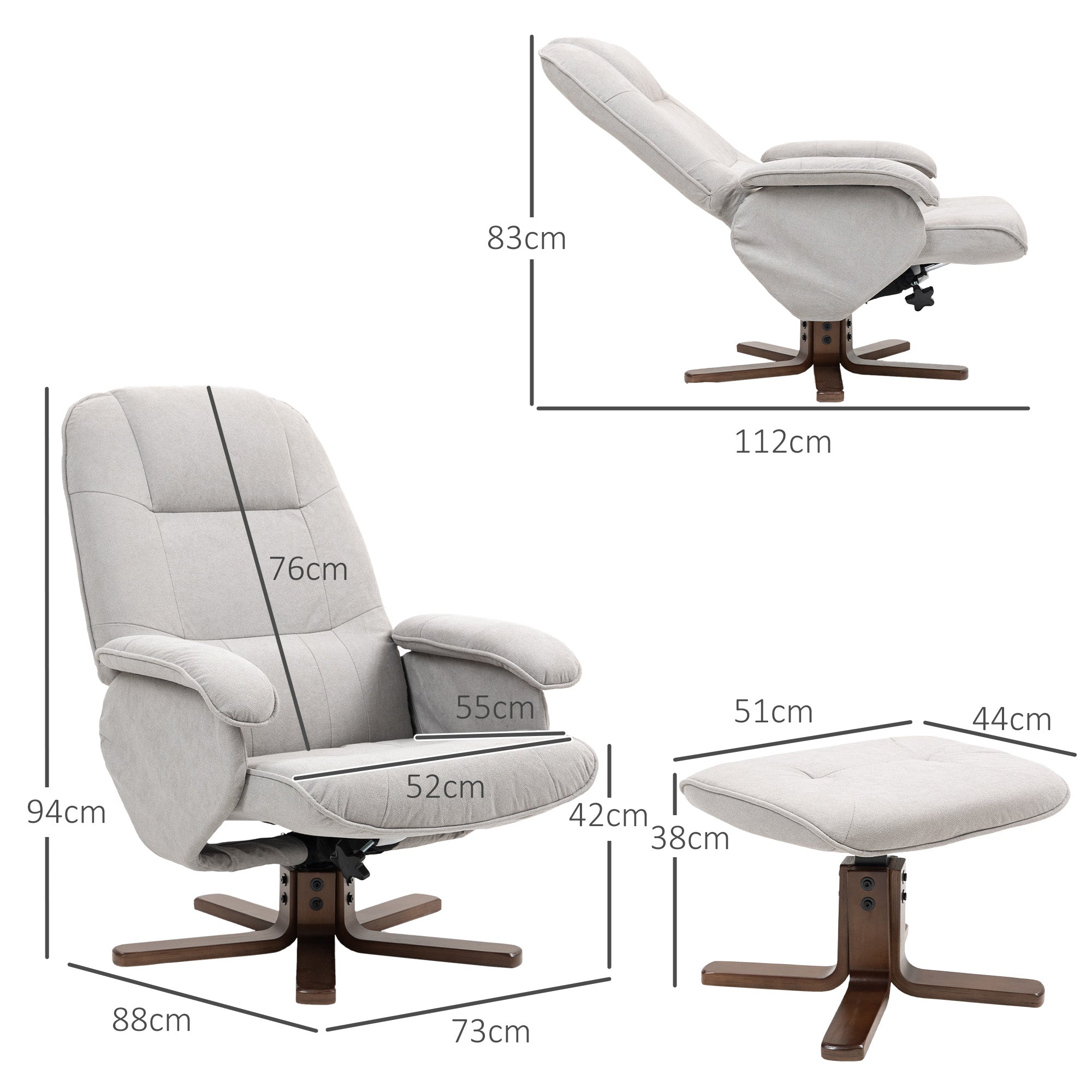 Linen Swivel Recliner Chair with Footstool, Upholstered Reclining Armchair with Wooden Base for Living Room, Light Grey
