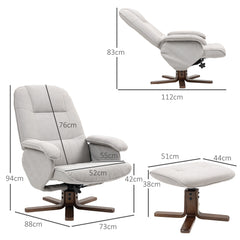 Linen Swivel Recliner Chair with Footstool, Upholstered Reclining Armchair with Wooden Base for Living Room, Light Grey