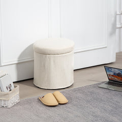 40cm Round Storage Ottoman, Corduroy Footstool with Removable Lid and Legs, Vanity Stool for Living Room, Bedroom, Beige