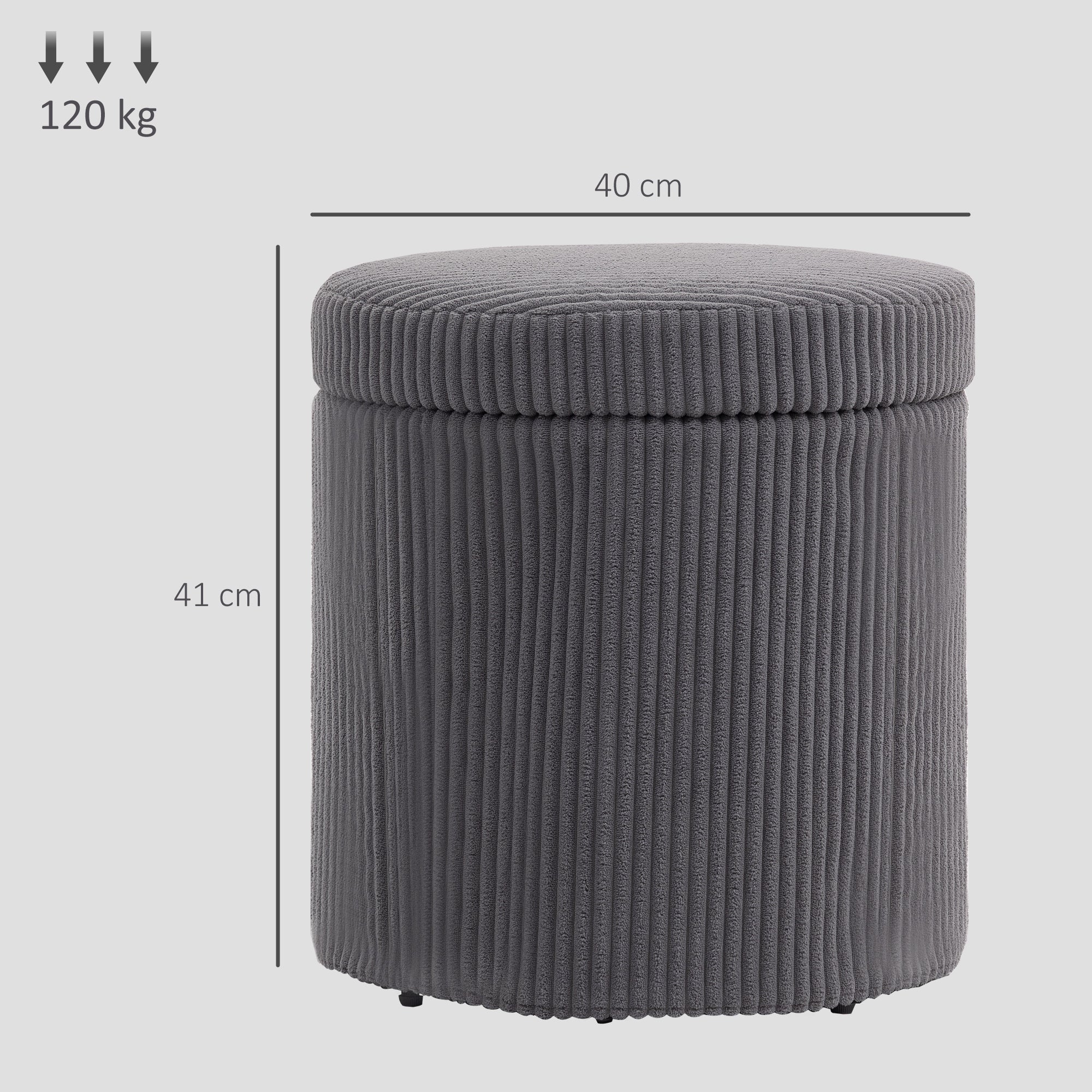 40cm Round Storage Ottoman, Corduroy Footstool with Removable Lid and Legs, Vanity Stool for Living Room, Bedroom, Grey