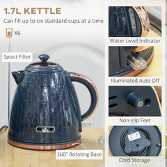 1.7L 3000W Fast Boil Kettle & 2 Slice Toaster Set, Kettle and Toaster Set with Auto Shut Off, Browning Controls, Blue