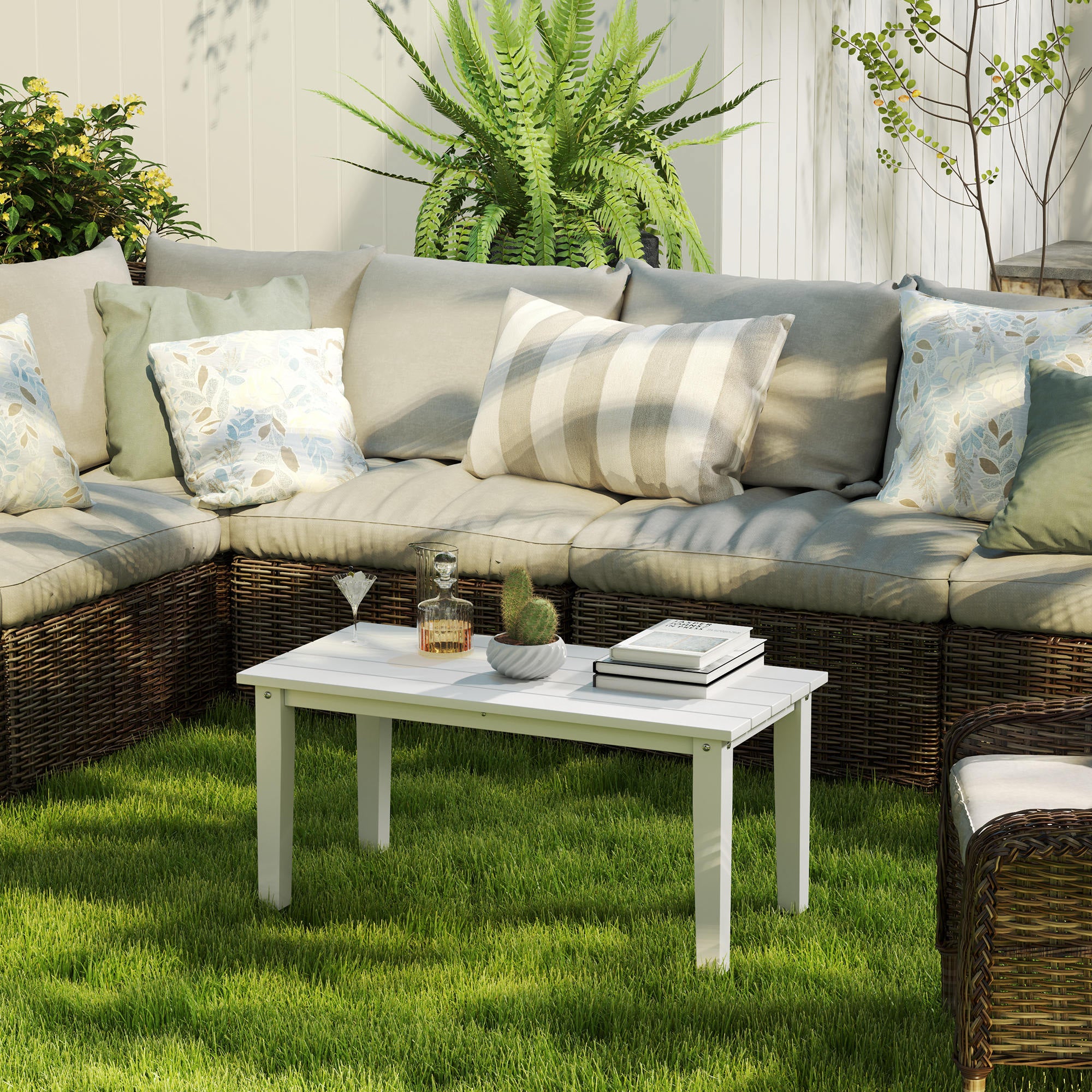 Outdoor Garden Coffee Table, HDPE All-Weather Rectangular Outdoor Garden Table with Slatted Tabletop for Patio, Balcony, 91 x 44 x 42 cm, White