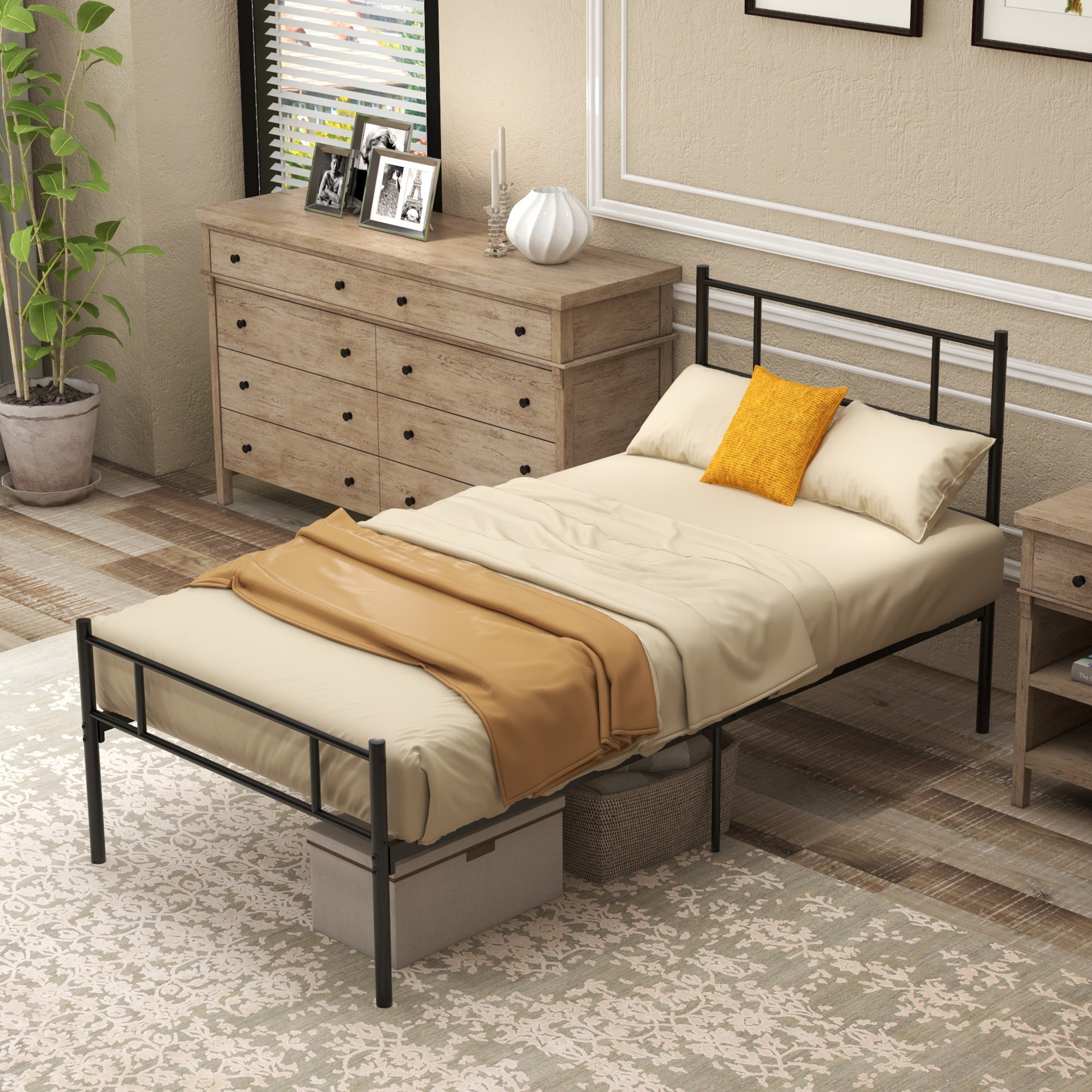 Single Metal Bed Frame Solid Bedstead Base with Headboard and Footboard, Metal Slat Support and Underbed Storage Space, Bedroom Furniture, Black