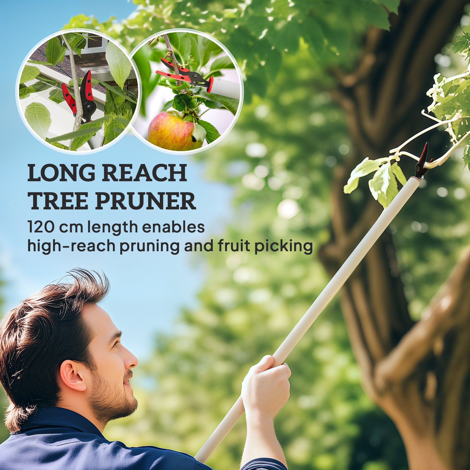 120 cm Tree Pruner, Tree Lopper Long Reach, Lightweight & Strong, Long Reach Tree Trimmer with Aluminium Pole for Fruit Picking and Pruning