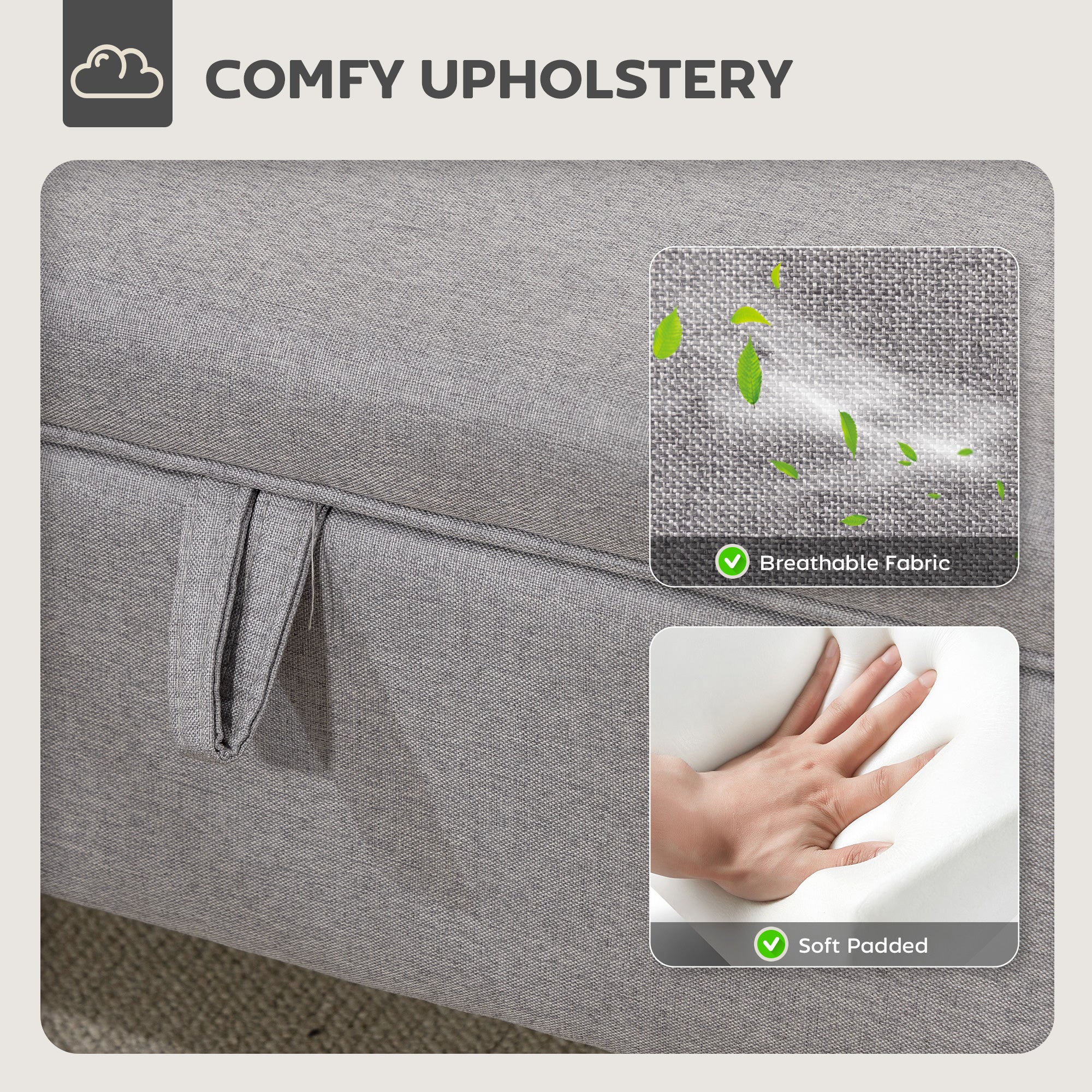 Fynco - 16L Linen Storage Ottoman Padded Footstool with Rubberwood Legs for Storage Box, Bed End, Shoe Bench, Seating, Light Grey