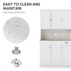 180cm Freestanding Kitchen Cabinet, Modern Storage Cupboard with Open Countertop, Drawer and 6 Doors, White