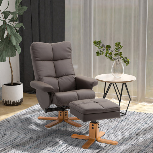 Recliner Armchair, Swivel Reclining Chair With Ottoman, Swivel Faux Leather Chair with Wooden Base and Storage Footstool for Living Room, Brown