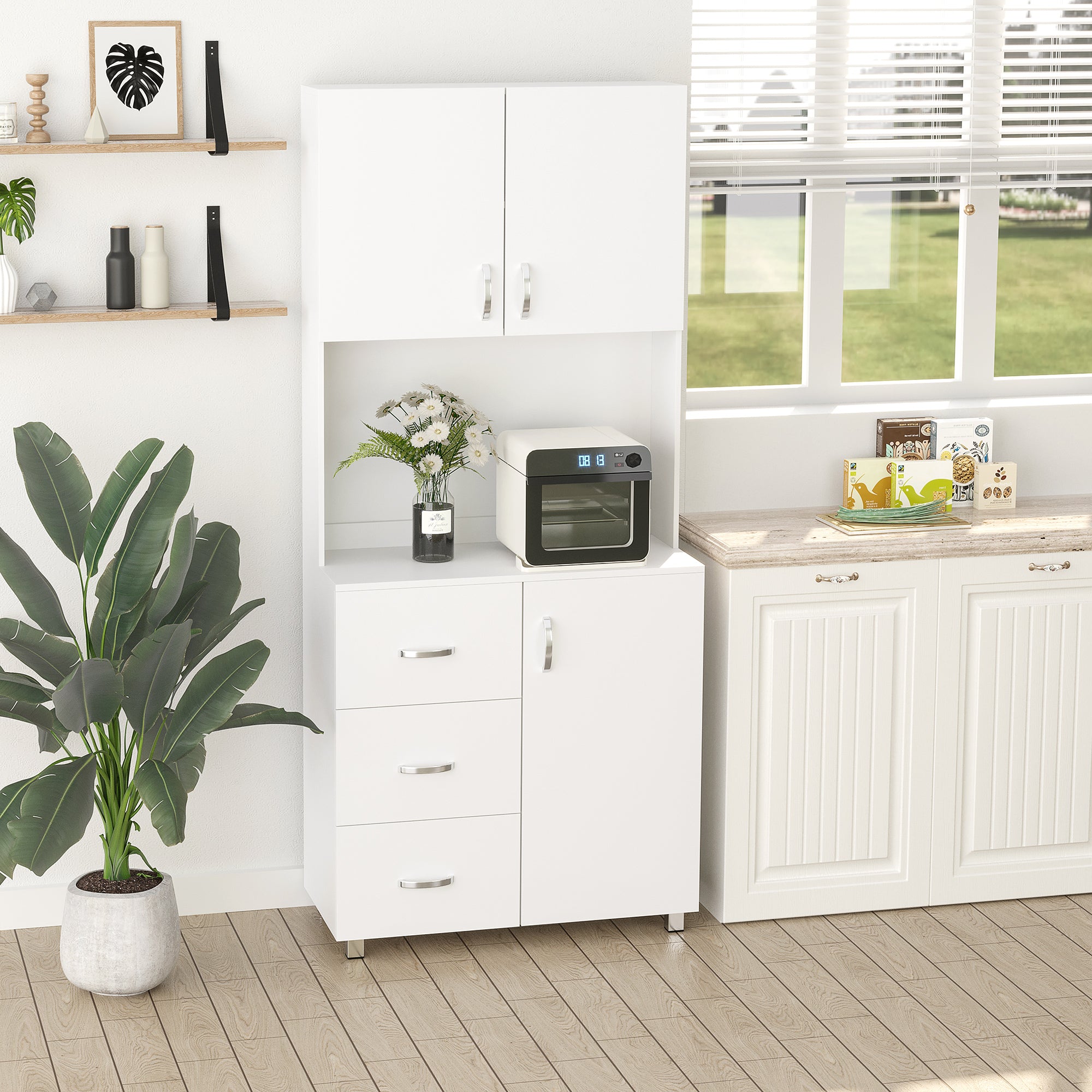 Free standing Kitchen Cupboard, Storage Cabinet with Doors and Sheleves, 3 drawers and Open Space, Adjustable Height Storage Unit, White