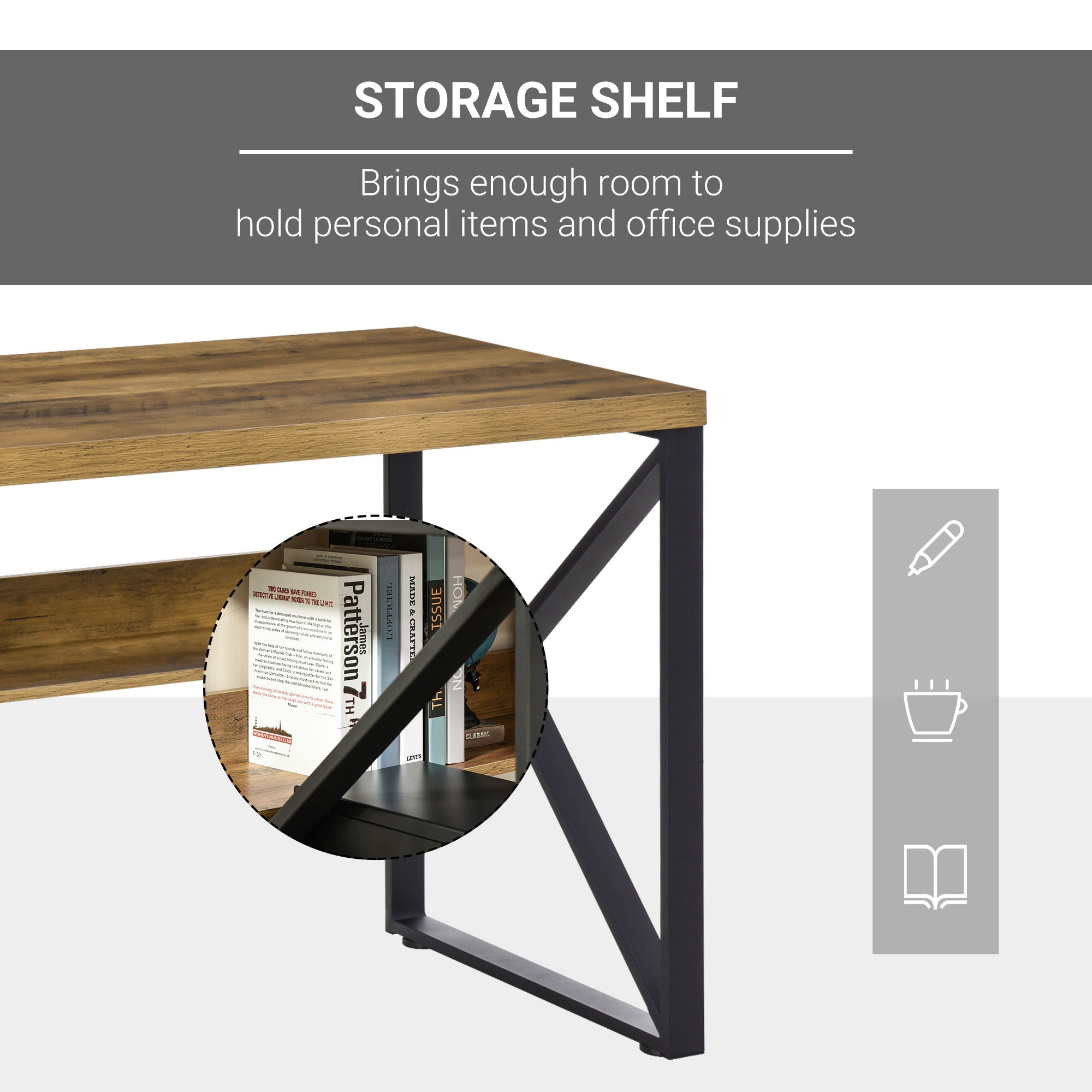 Fynco - Computer Desk Writing Desk Home Office PC Laptop Workstation with Storage Shelf 120 x 60 x 76cm Black Brown Wood Effect