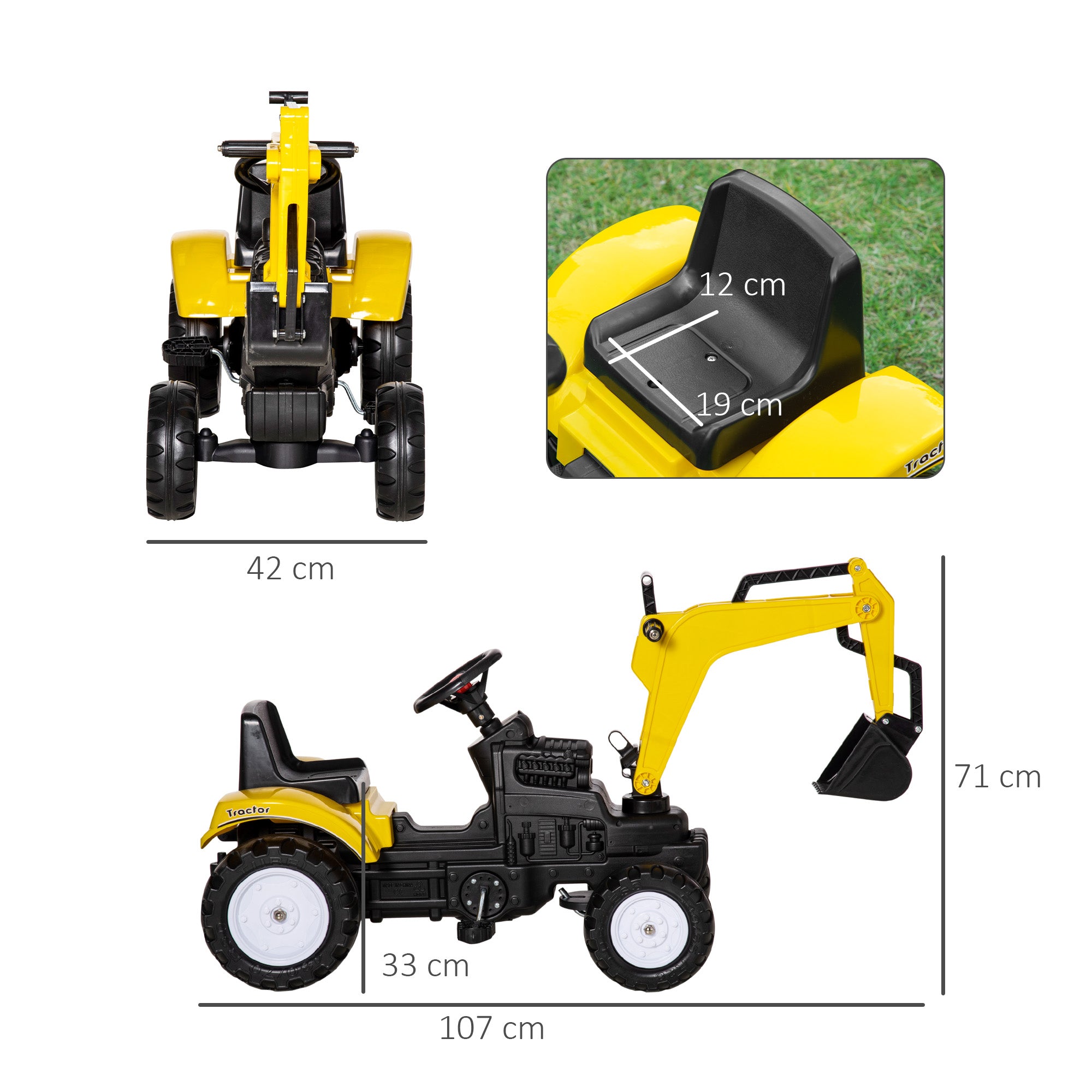 Kids Ride on Digger Pedal Go Kart Pretend Play Construction No Power Truck with Horn for 3 - 6 Years, Yellow