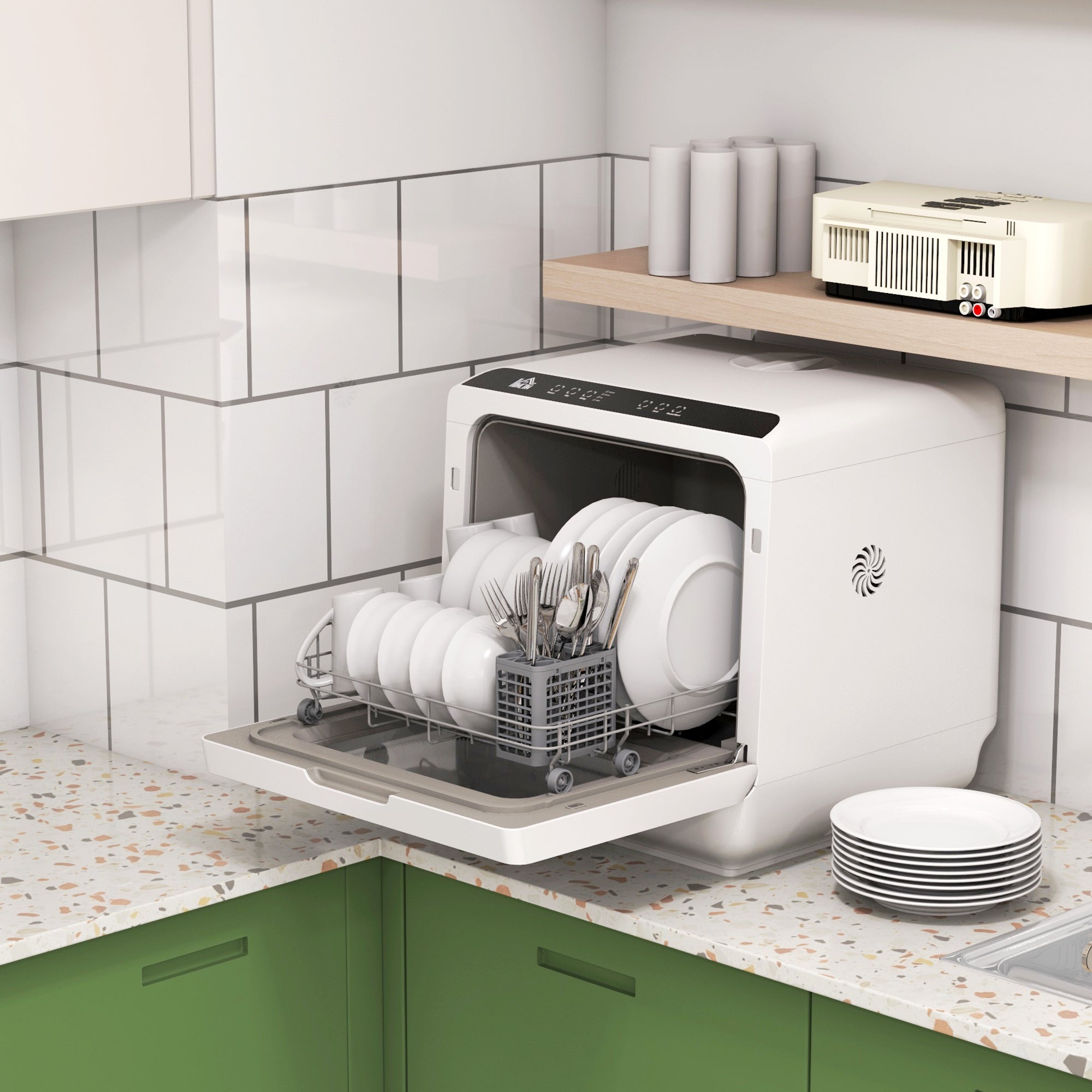 Table Top Dishwasher with Built-in 6L Water Tank, Mini Countertop Dishwasher with 6 Programs, 4 Place Settings, Black