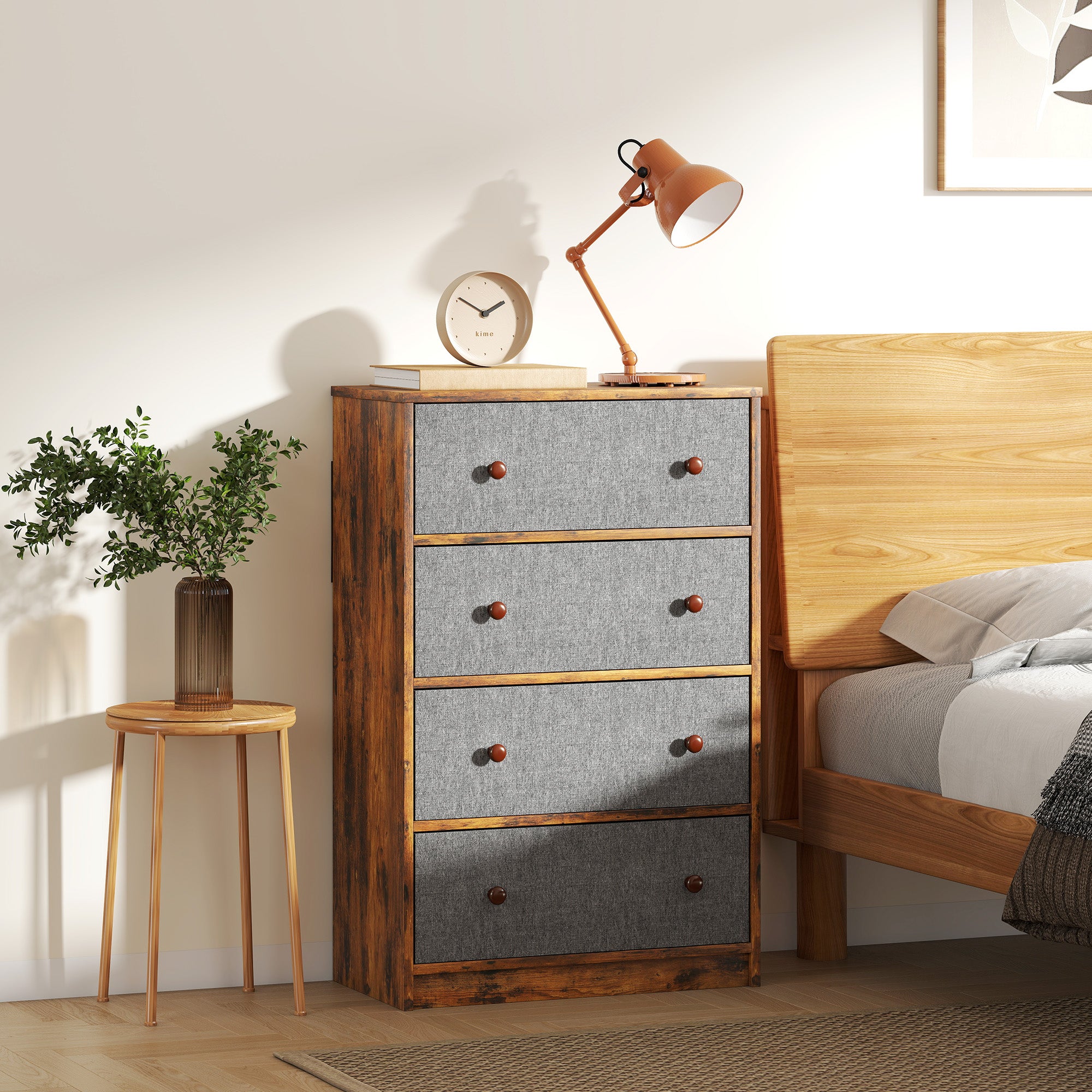 Chest of Drawers, Dresser with 4 Fabric Drawers - Grey and Rustic Brown