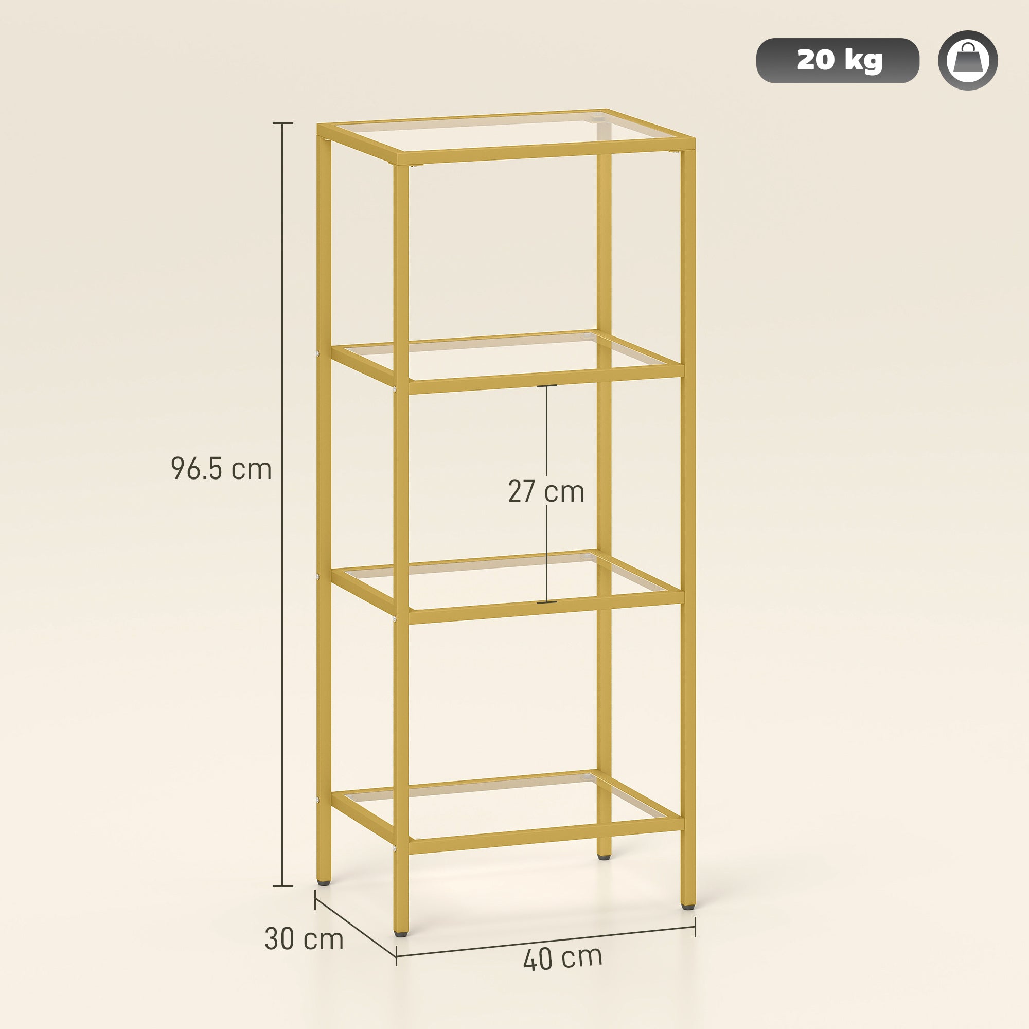 Fynco - 4-Tier Shelving Unit, Glass Shelf, Vertical Storage Shelf for Living Room, Home Office, Bedroom, Bathroom, Gold Tone