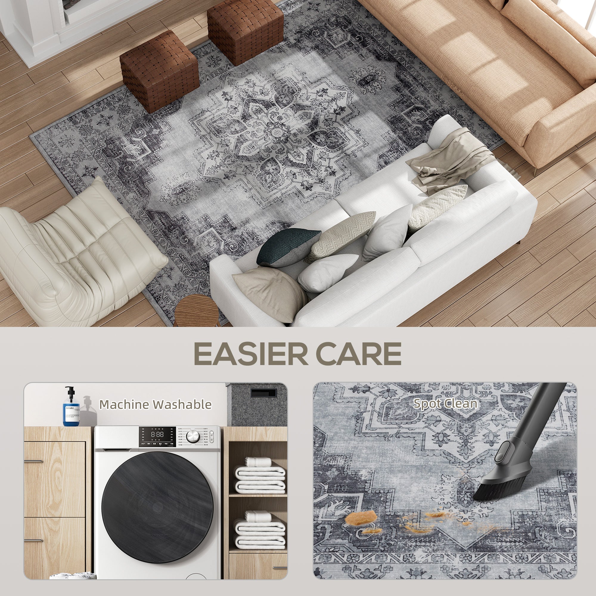 Fynco - Vintage Area Rug, Non-Slip Washable Rug, Flannel Floor Carpet for Living Room, Bedroom, Dining Room, Home Office, 290 x 200 cm, Grey