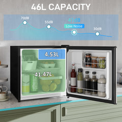 46 Litre Table Top Mini Fridge, Small Fridge with Ice Box, Reversible Door, Adjustable Temperature and Legs for Bedrooms, Home Office, Silver Tone