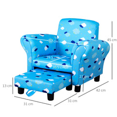 Toddler Chair Children's Armchairs Wood Frame w/ Footrest Anti-Slip Legs High Back Arms for Bedroom Playroom Cute Cloud Star Blue