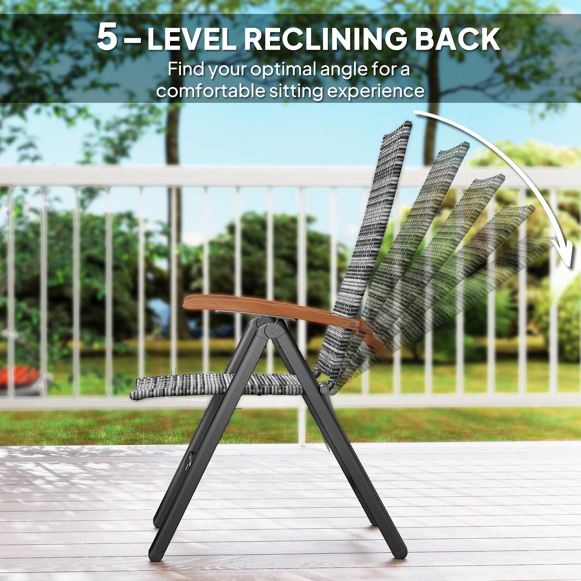 Folding Rattan Garden Dining Chair with 5-level Reclining High Back, Wood Armrests for Outdoor, Patio - Light Grey