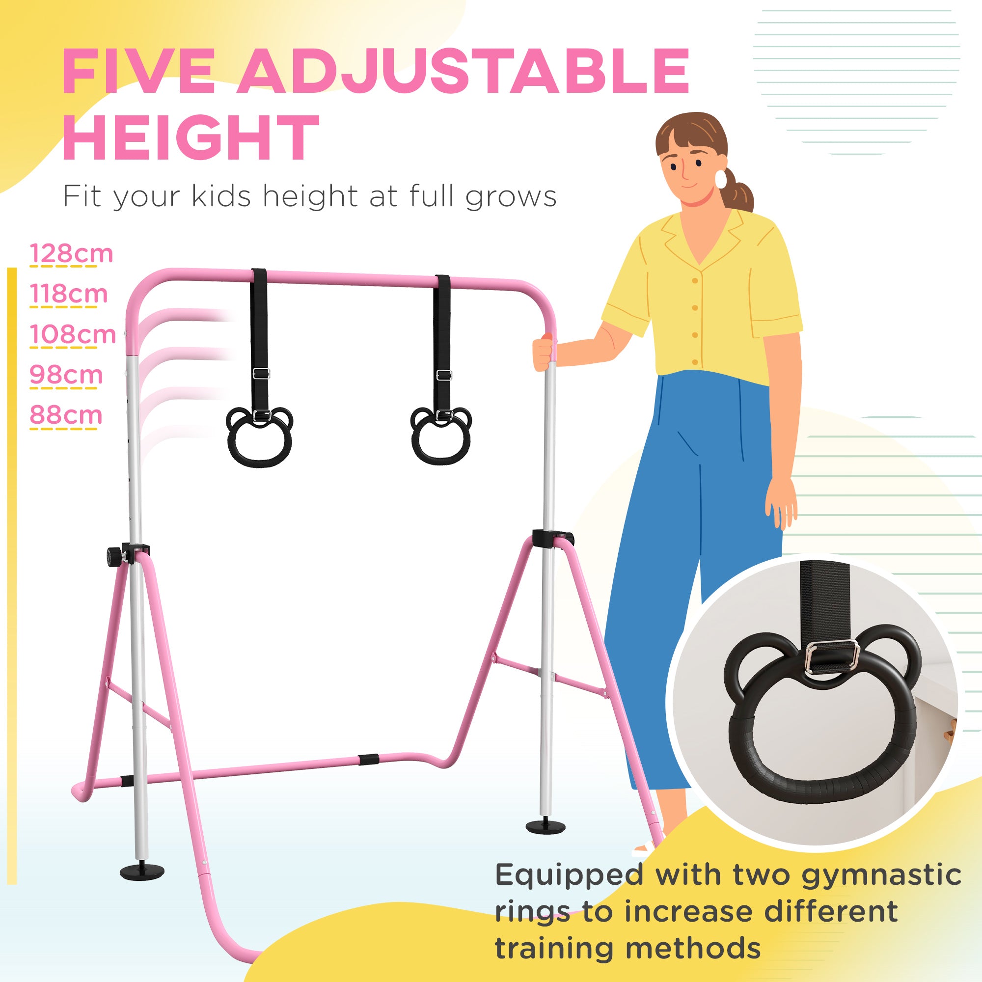 Adjustable Height, Foldable Kids Gymnastics Bar w/ Non-slip Rubber Floor Rings, for 3+ Years, Pink