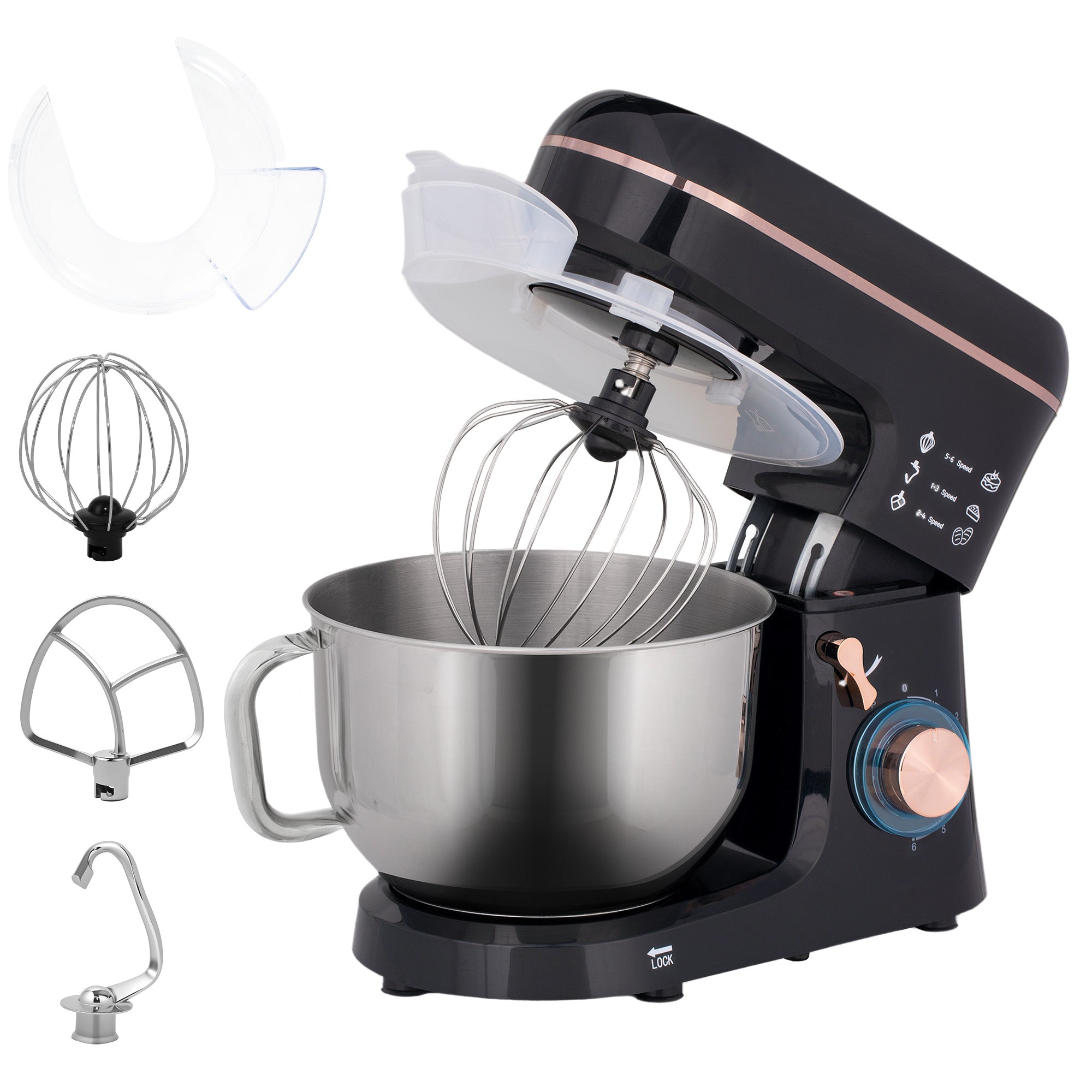 Stand Mixer, 5L Food Mixer for Baking, 6 Speeds and Pulse Setting, 1400W Cake Electric Kitchen Mixer with Dough Hook, Whisk, Stainless Steel Bowl, Splash Guard, Beater, Black
