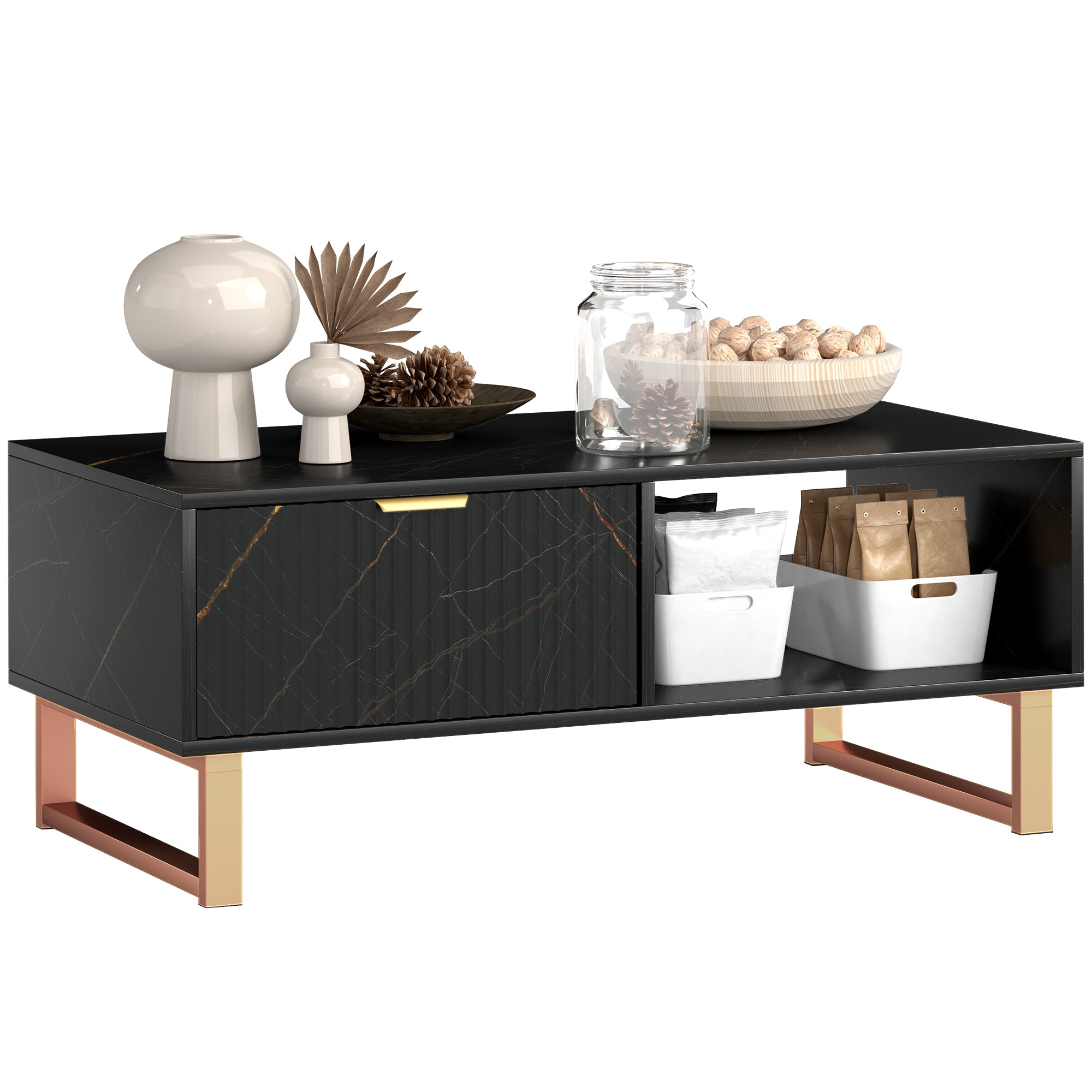 Elegant Marble Effect Storage Coffee Table - Black
