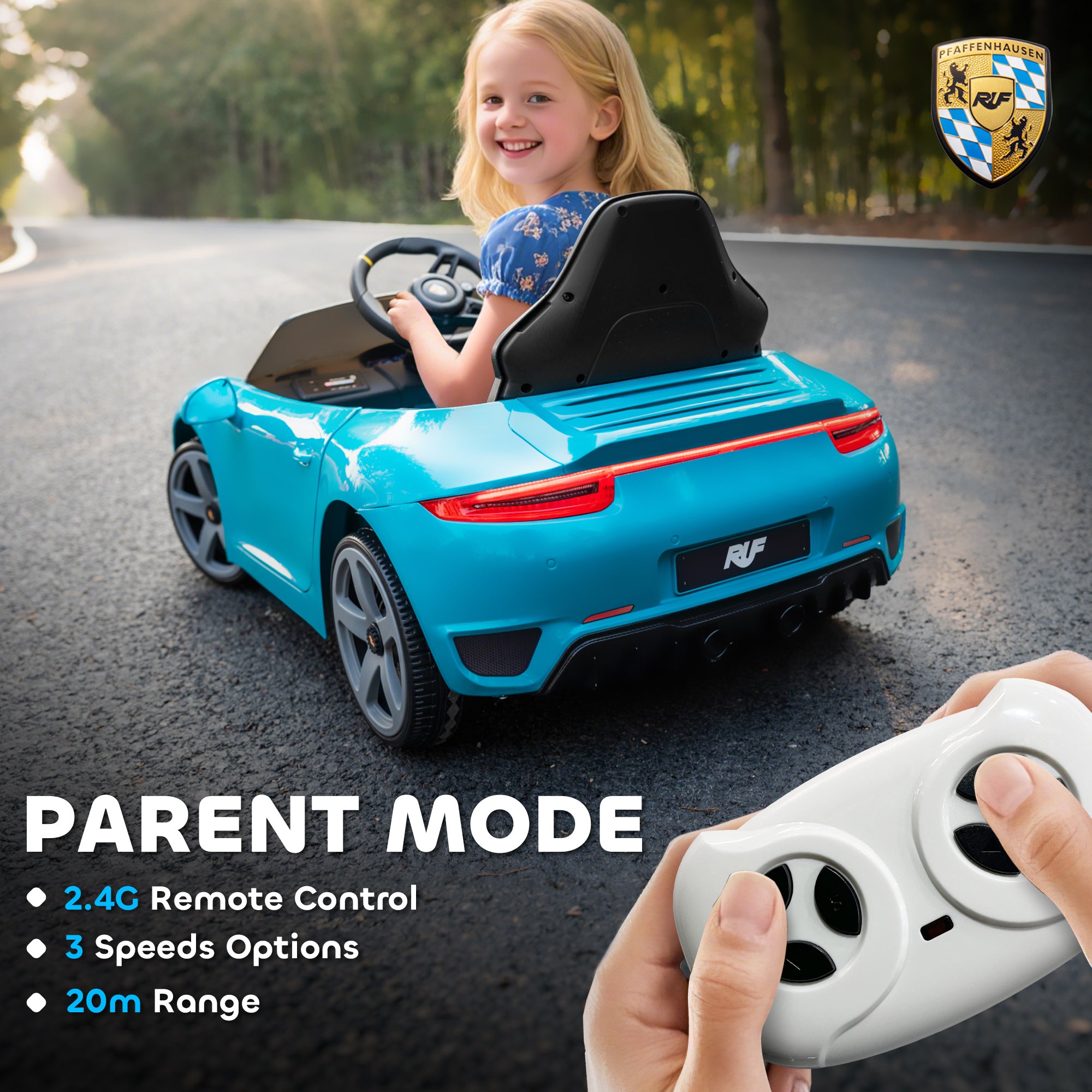 AIYAPLAY Kids Electric Car, 12V Licensed RUF GT Ride on Car with Suspension, Remote Control, Music, for 3-5 Years, Blue