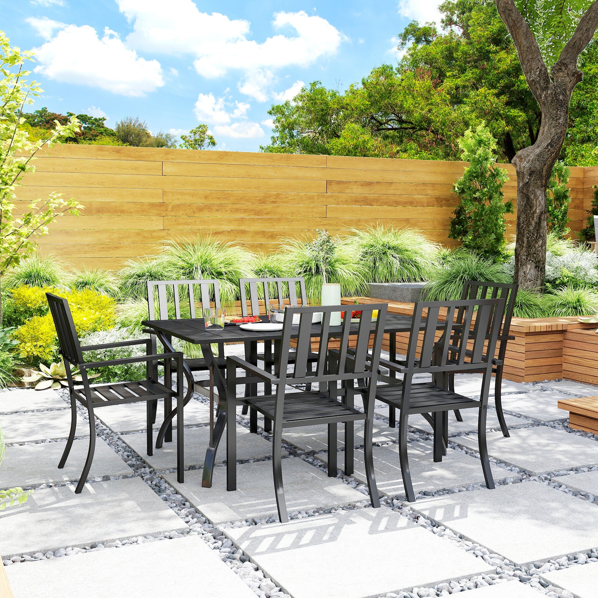 7 Pieces Garden Table and Chairs 6 Seater Outdoor Table and Chairs with Umbrella Hole, for Poolside, Garden, Black