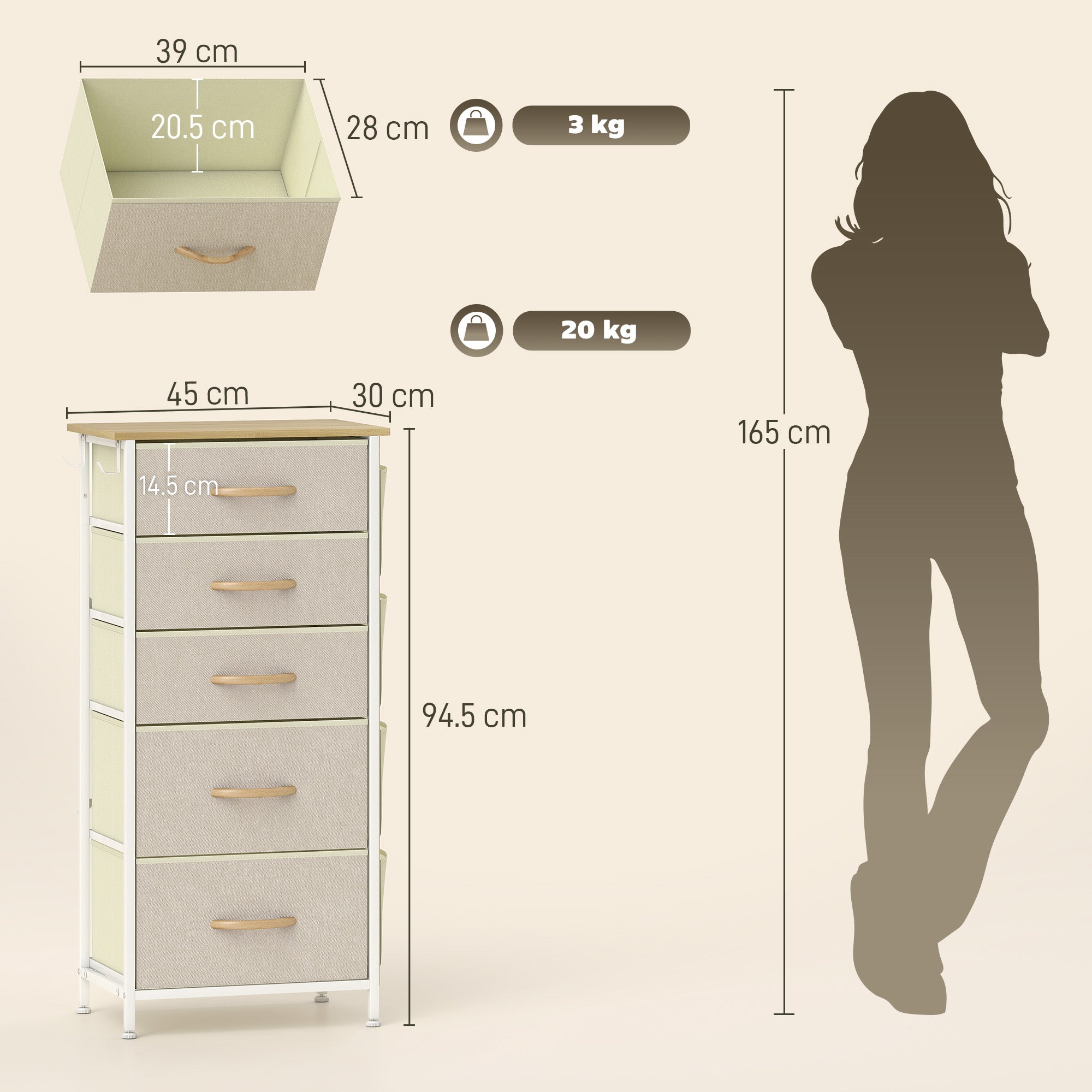 Chest of Five Fabric Drawers - Beige