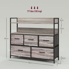 Rustic Chest of Five Fabric Drawers - Grey Wood Effect