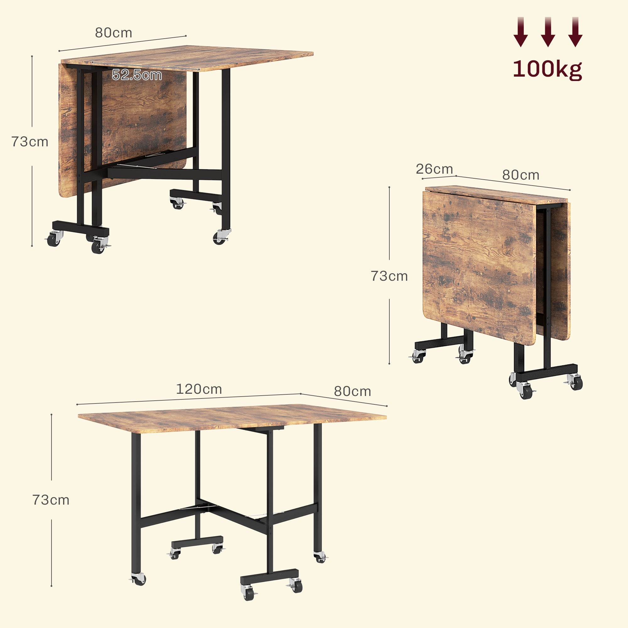 Six-Seater Drop-Leaf Dining Table, with Wheels - Brown Wood-Effect