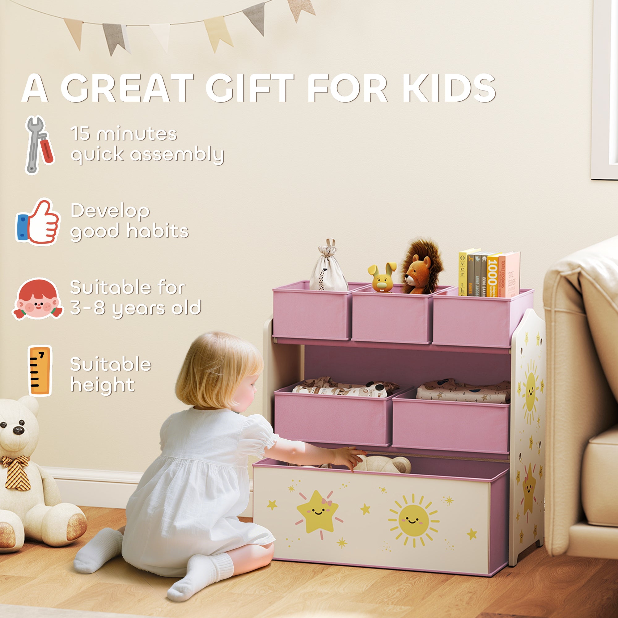 AIYAPLAY Kids Toy Storage Units, 3-Tier Toy Organiser Shelf with 6 Removable Boxes for Kids, Bedroom, Playroom, Pink