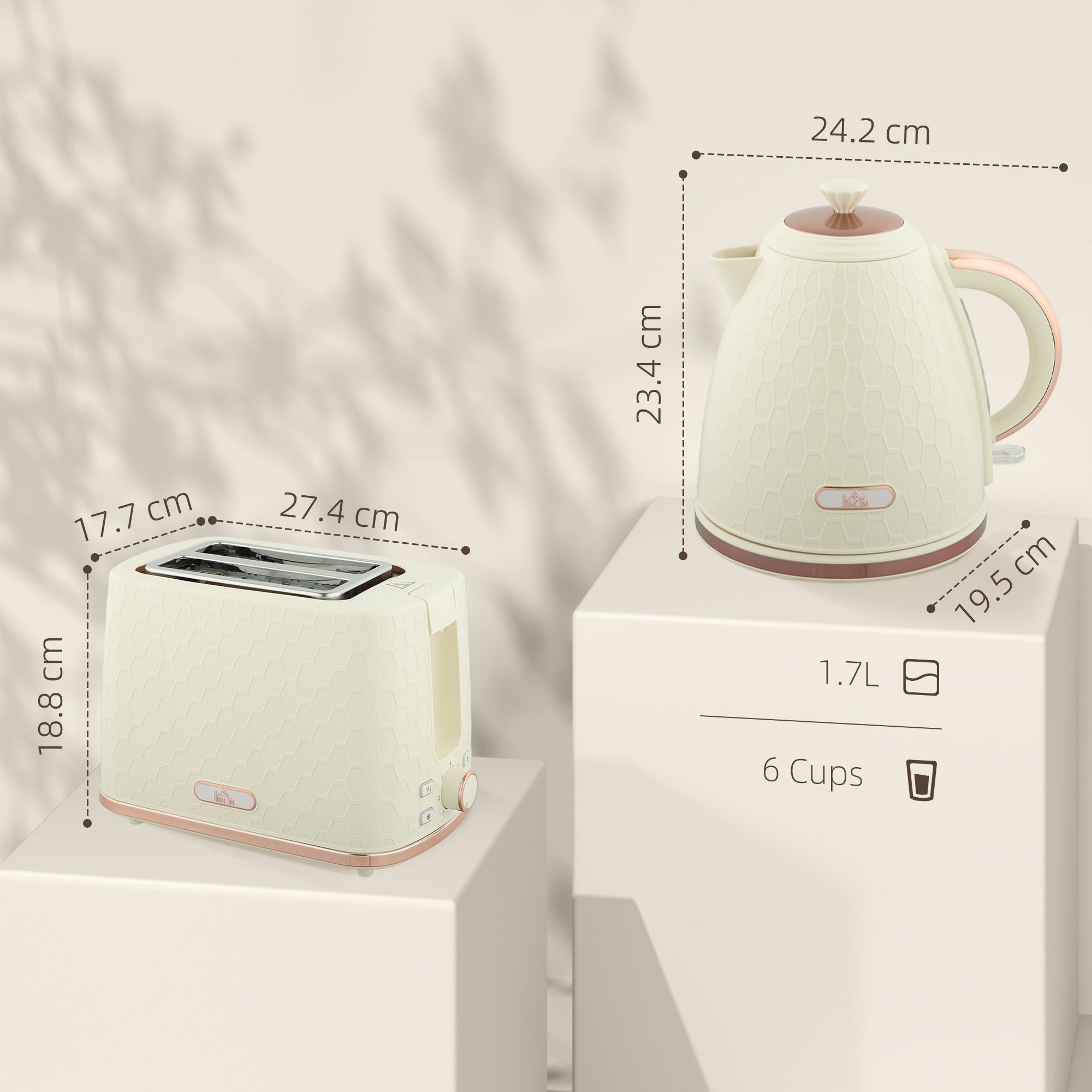 1.7L 3000W Fast Boil Kettle & 2 Slice Toaster Set, Kettle and Toaster Set with Auto Shut Off, Browning Controls, Beige