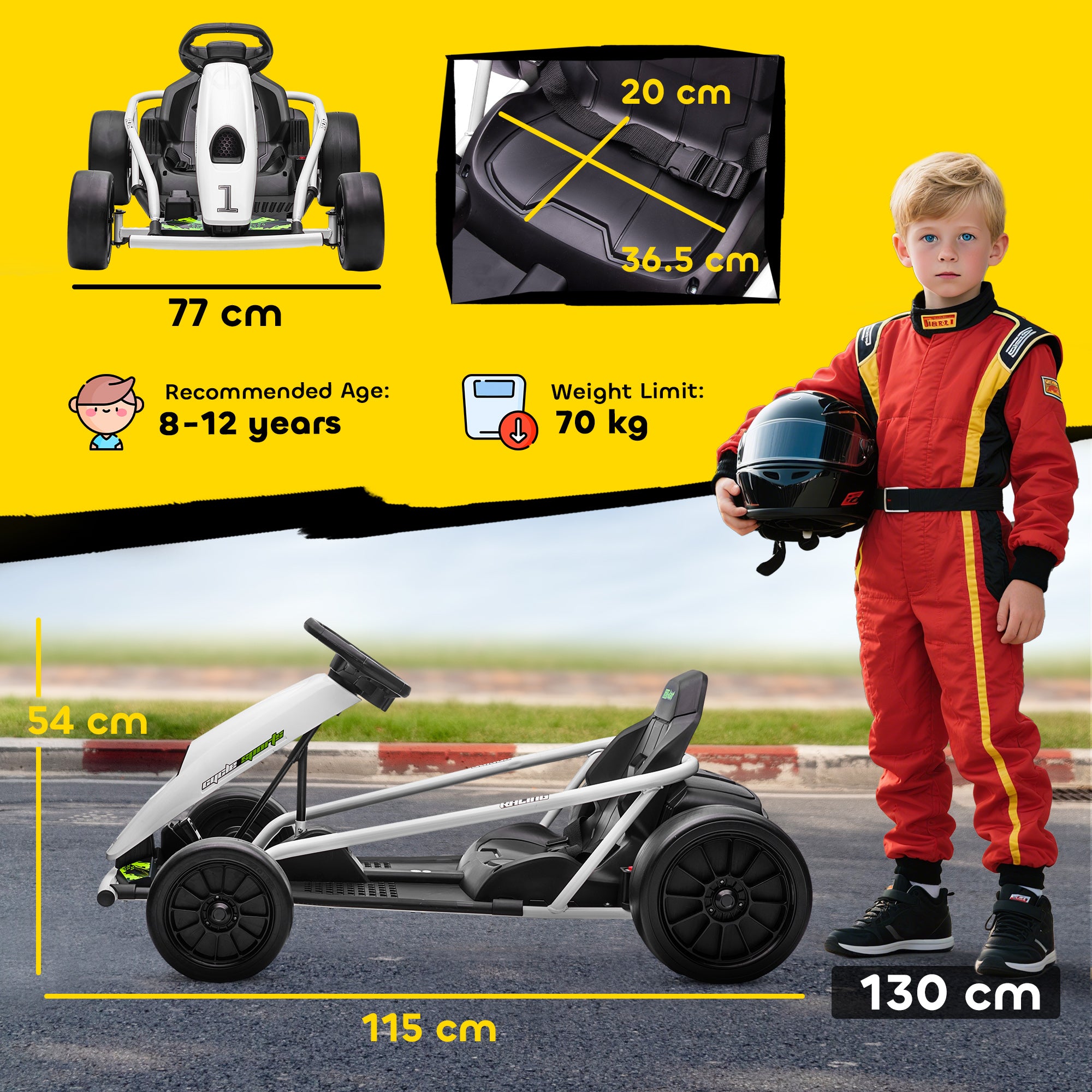 24V Electric Go Kart for Kids, Drift Ride-On Racing Go Kart with 2 Speeds, for Boys Girls Aged 8-12 Years Old, White
