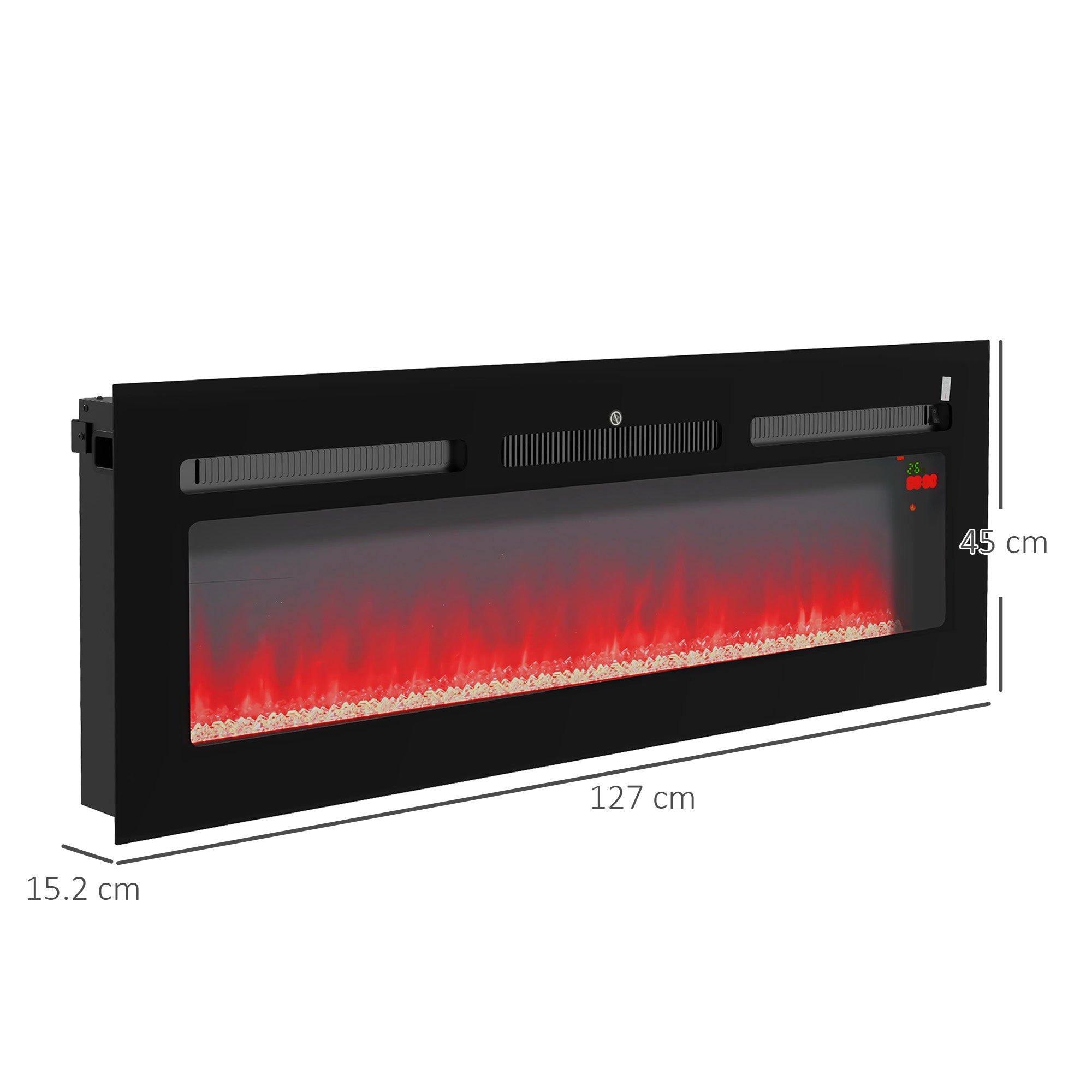 Fynco - 127cm/50" Electric Fireplace, 2000W Recessed and Wall Mounted Electric Fire with Remote Control, 9 Flame Colour and Crystal, Black