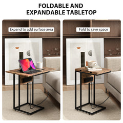 Fynco - C Shaped Side Table with Charging Station and Foldable Top - Rustic Brown