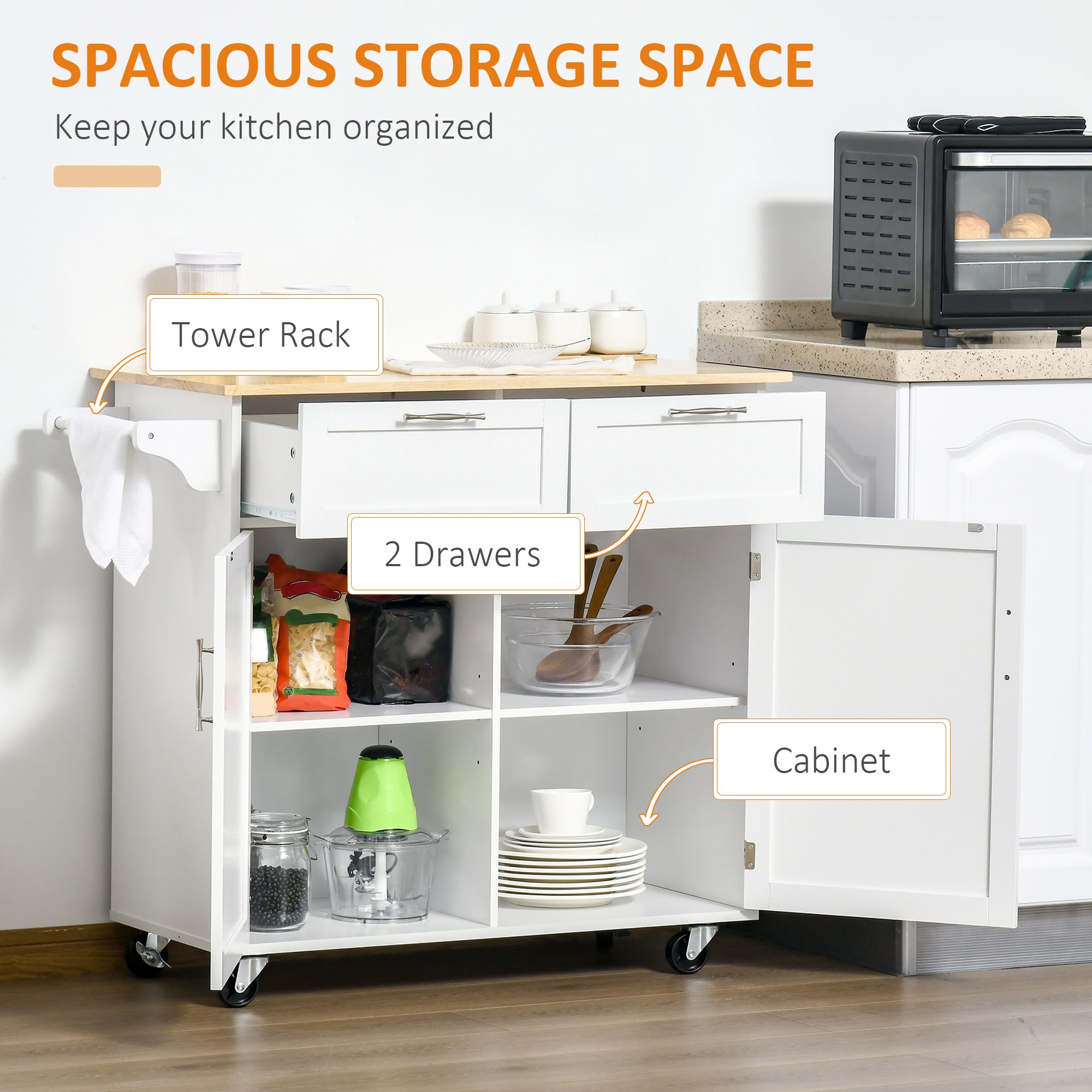 Kitchen Island Utility Cart, with 2 Storage Drawers & Cabinets for Dining Room, White