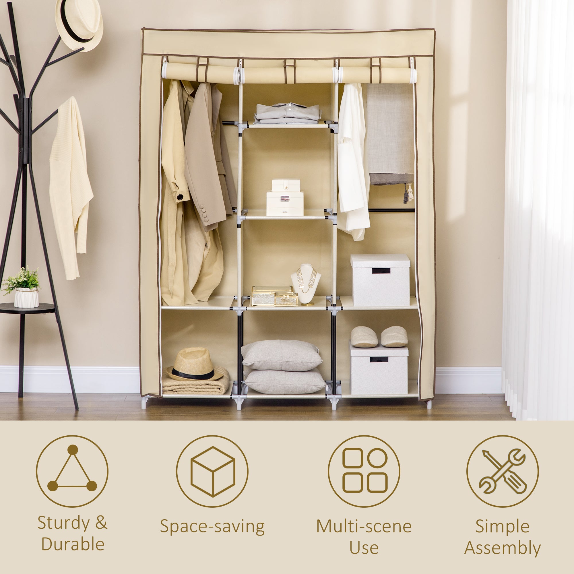 Fabric Wardrobe, with Rails and Shelves - Beige