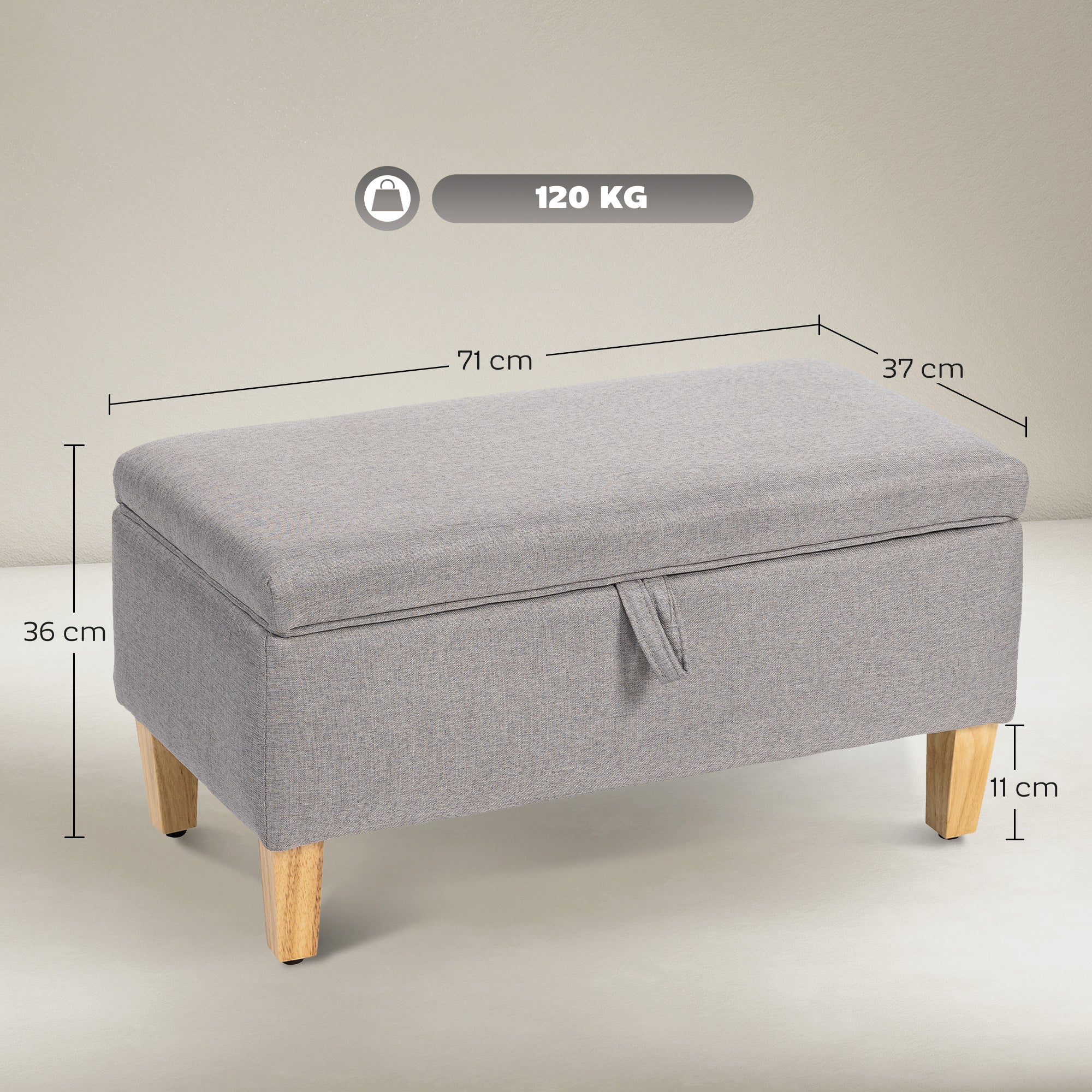 Fynco - 30L Linen Storage Ottoman Padded Footstool with Rubberwood Legs for Storage Box, Bed End, Shoe Bench, Seating, Light Grey
