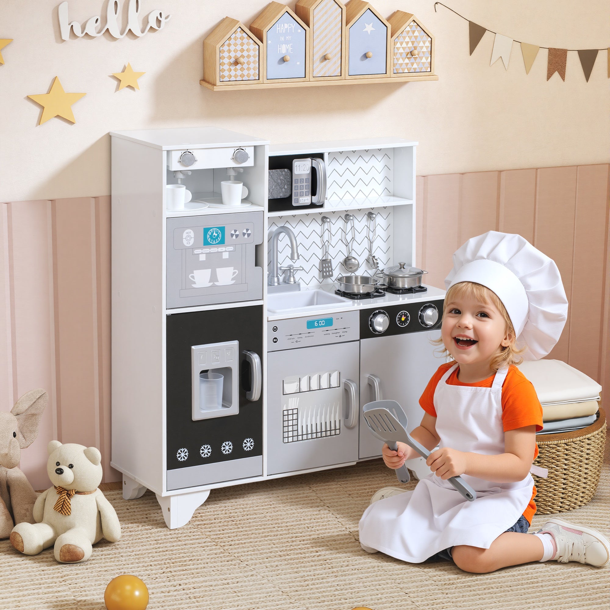 AIYAPLAY Kids Play Kitchen with Sound, Ice/Coffee Maker, Utensils, Microwave, Stainless Steel Utensils, for 3-6 Years