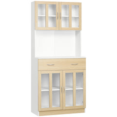 Modern Kitchen Cupboard, Freestanding Storage Cabinet Hutch with Central Drawer, 2 Glass Door Cabinets and Countertop, 180cm