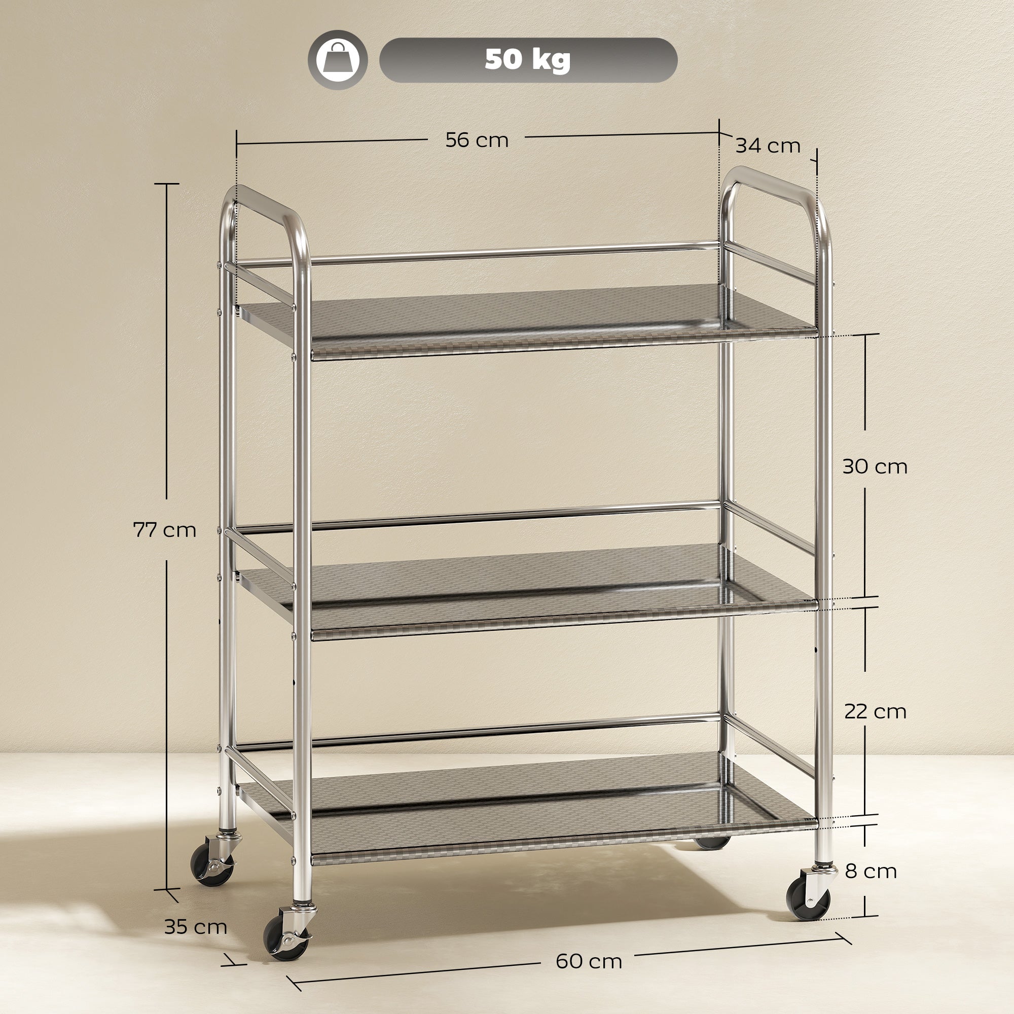 Fynco - 3 Tier Stainless Steel Kitchen Storage Trolley with Adjustable Shelf - Silver