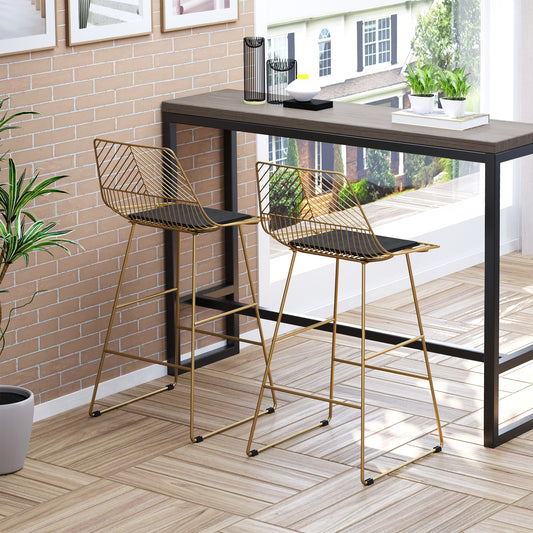 Set of 2 Bar Stools, Modern Counter Height Breakfast Bar Chairs with Wire Metal Frame for Kitchen, Dining Room, Gold