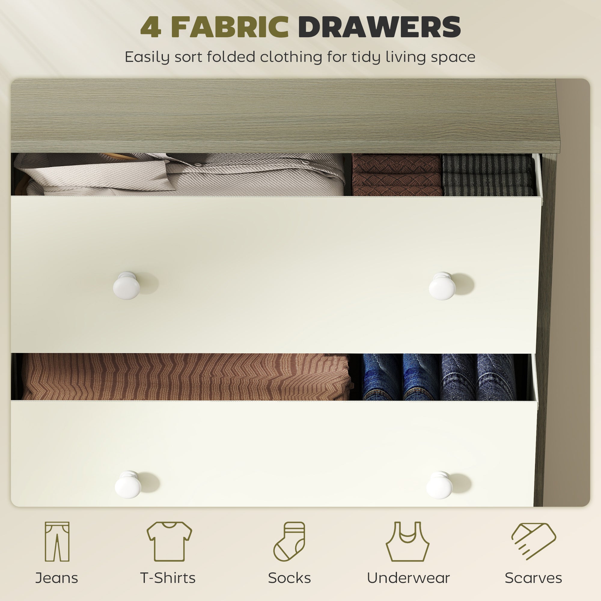 Chest of Drawers, Dresser with 4 Fabric Drawers - White and Grey