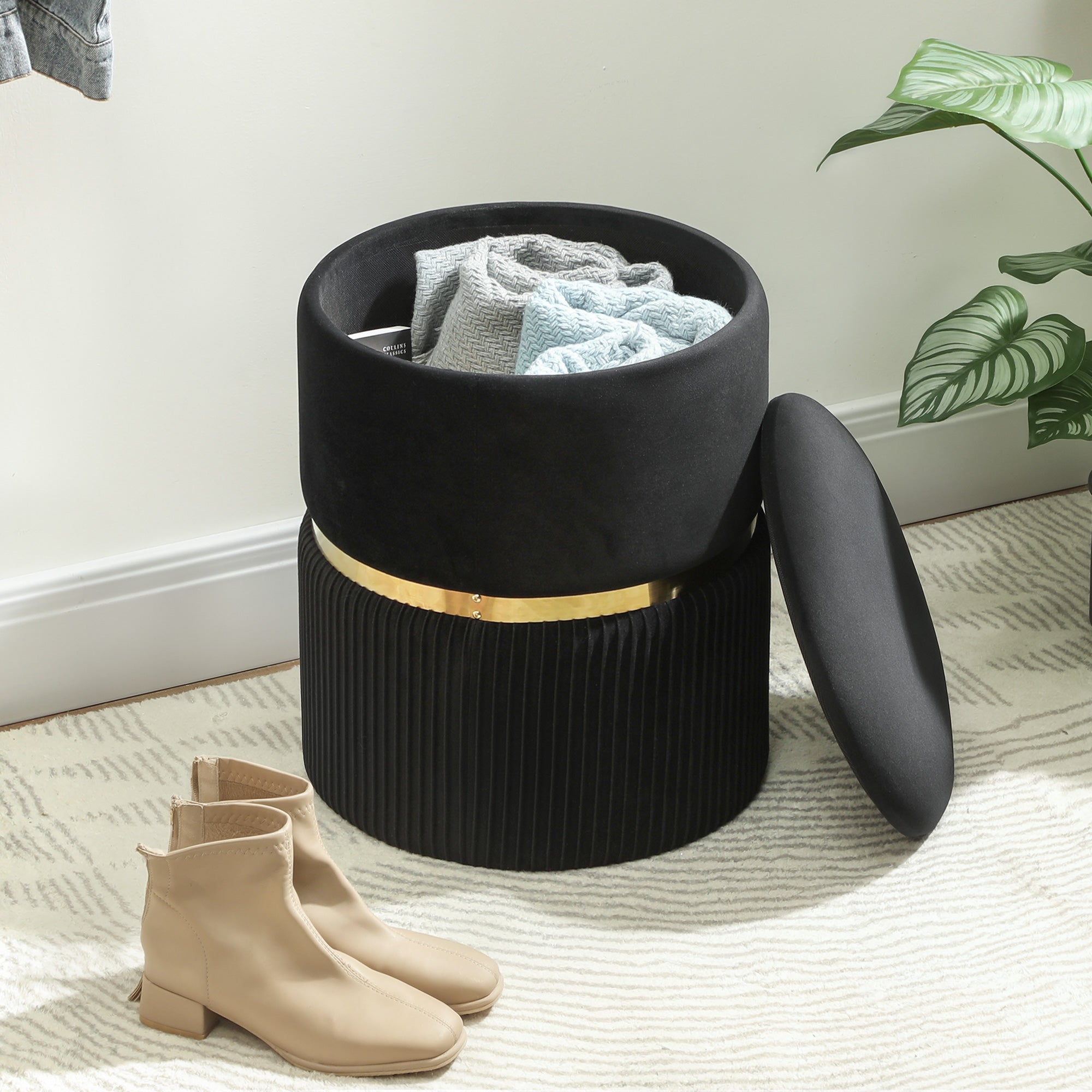 Fynco - Velvet-Feel Storage Ottoman - Black