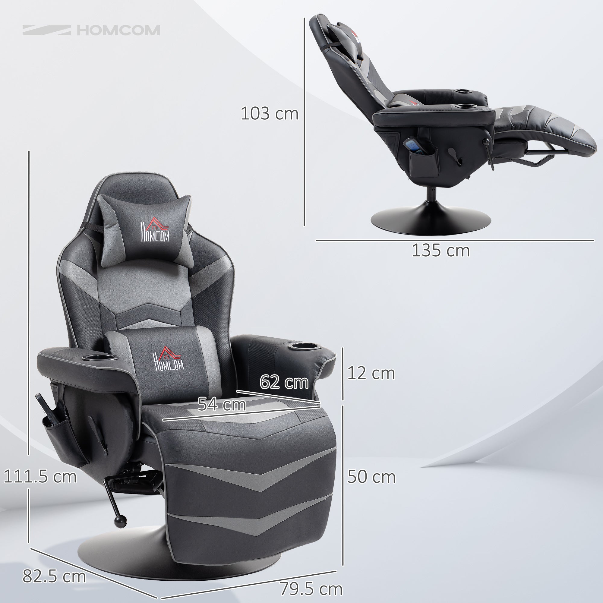 Massage Gaming Chair, Swivel Racing Video Gaming Recliner with Retractable Footrest, Headrest, Cup Holders and Side Pockets, Ergonomic High Back PU Leather Executive Desk Chair, Grey