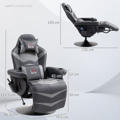 Massage Gaming Chair, Swivel Racing Video Gaming Recliner with Retractable Footrest, Headrest, Cup Holders and Side Pockets, Ergonomic High Back PU Leather Executive Desk Chair, Grey