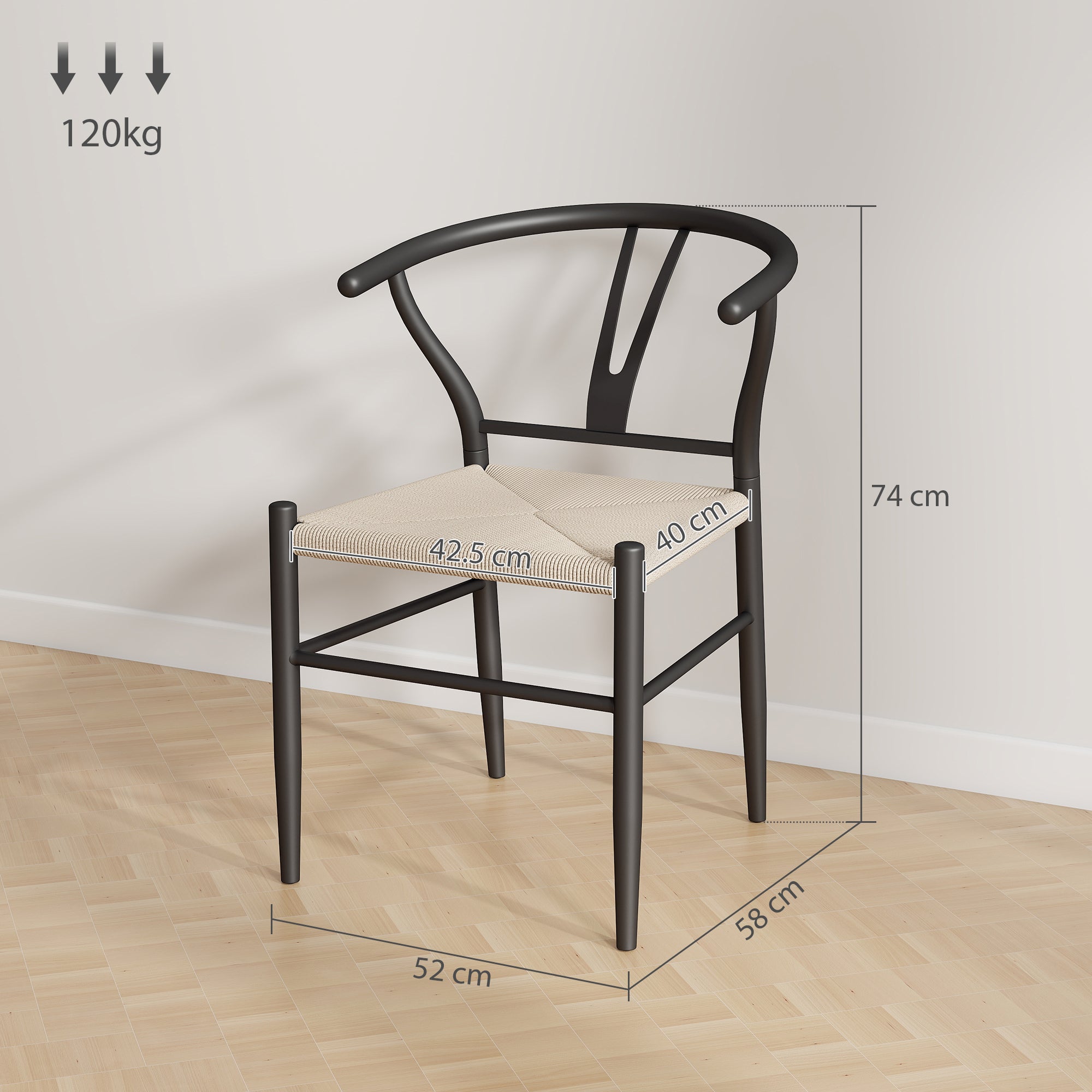 Set of Two Weave Dining Chairs with Y-Shaped Backrest Hemp Seat - Black/Beige