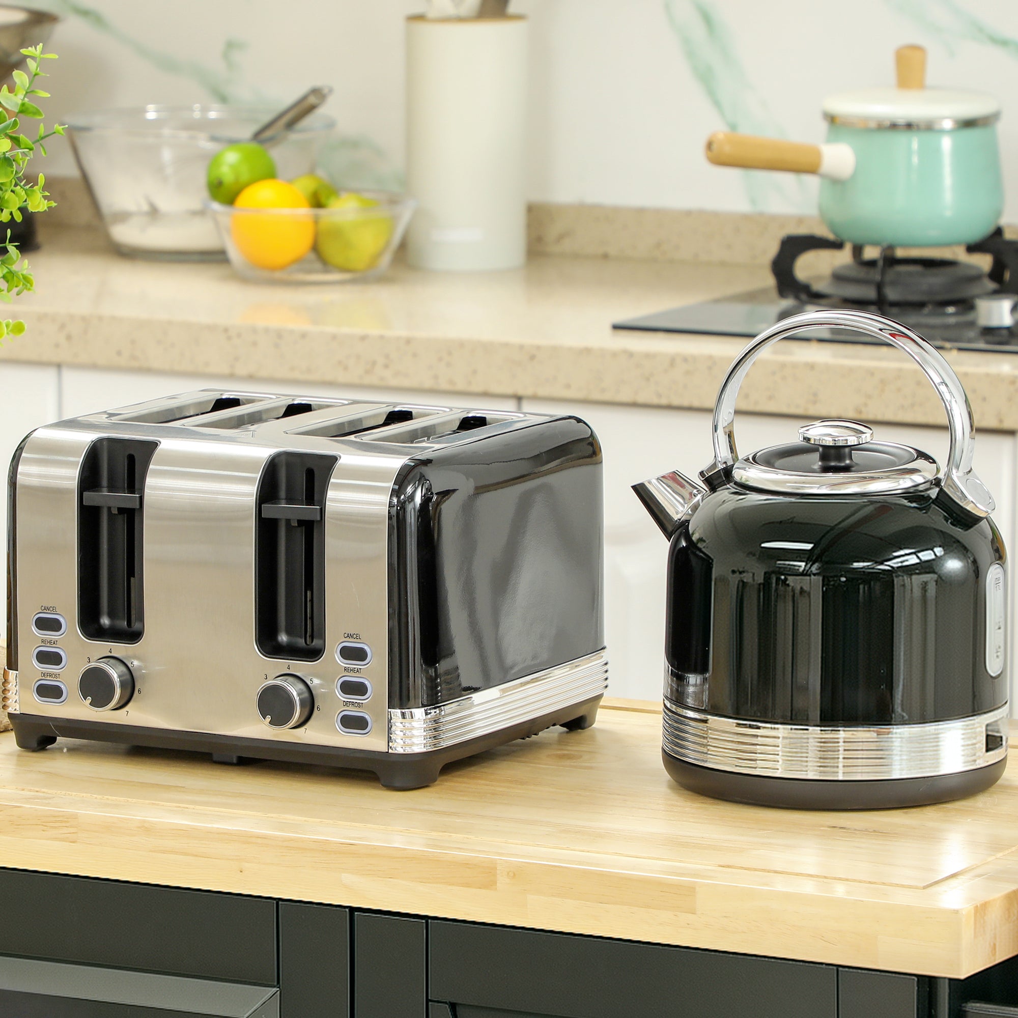 Polished Metal Kettle and Toaster Set - Black