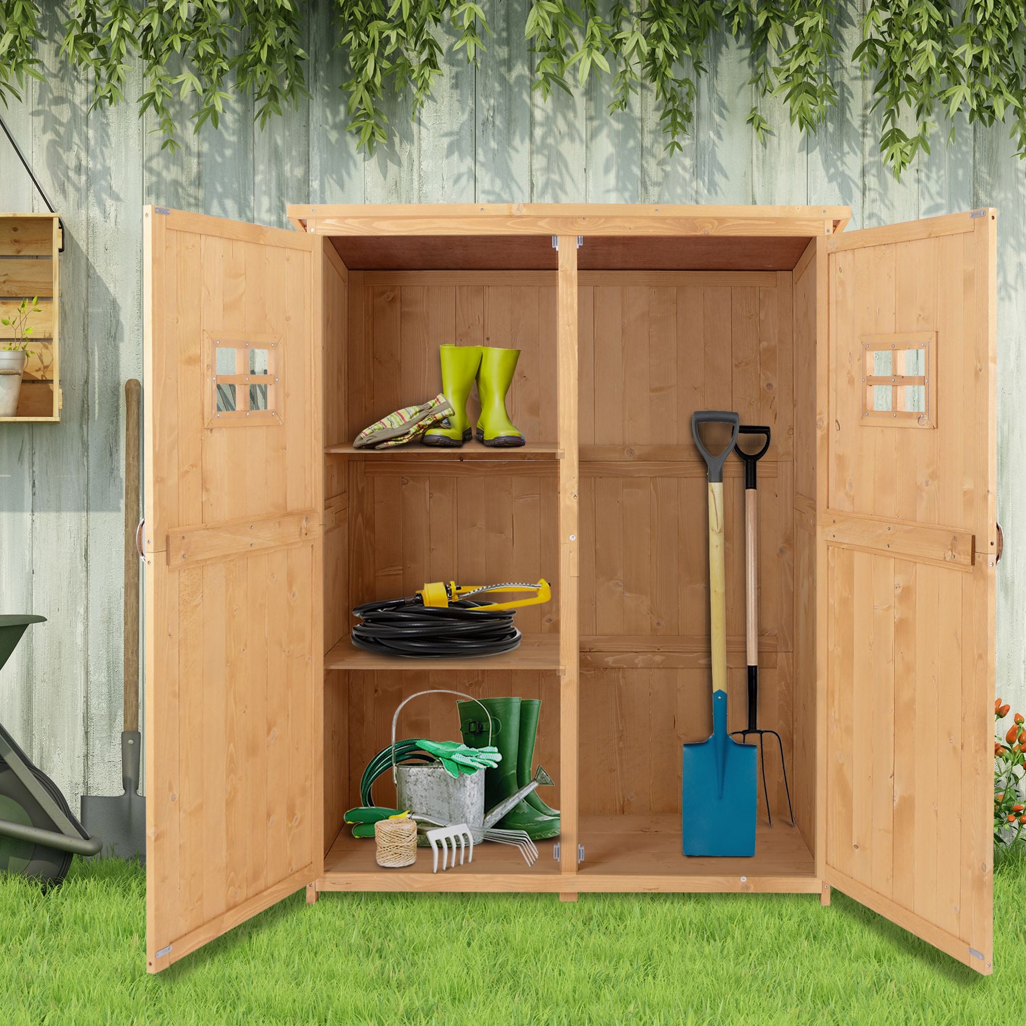 Fynco - Wooden Garden Shed with Two Windows, Tool Storage Cabinet, Outdoor Double Door Organizer 127.5L x 50W x 164H cm, Natural